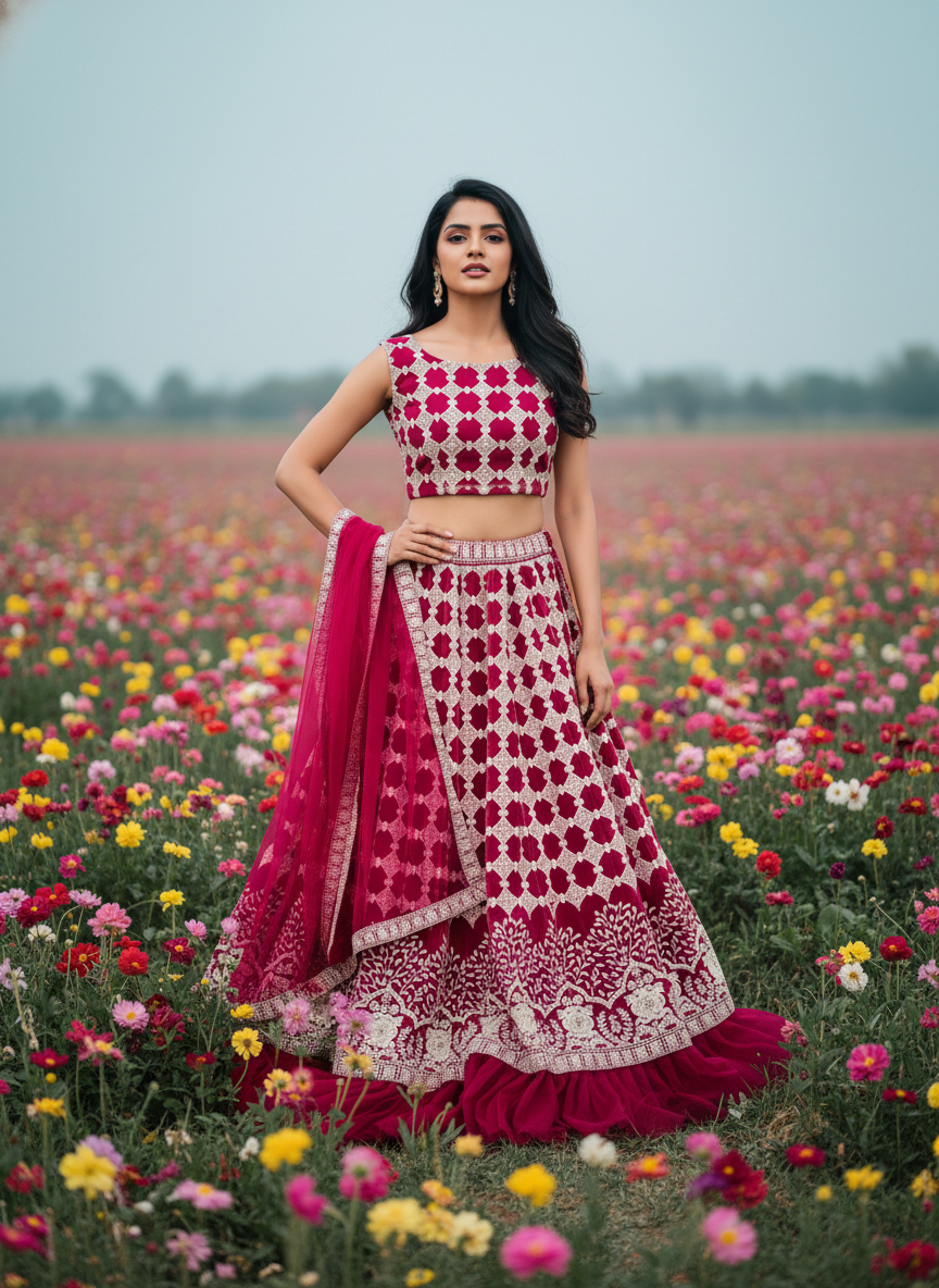 Woman in a traditional outfit standing in a field of flowers