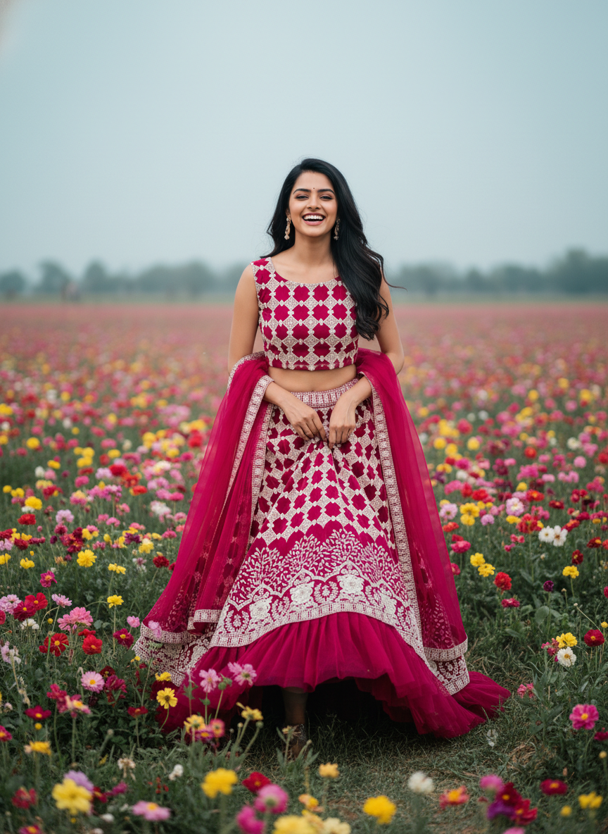 Woman in a traditional pink and white outfit standing in a field of flowers