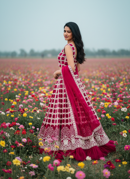 Woman in a red and white floral dress standing in a field of colorful flowers.