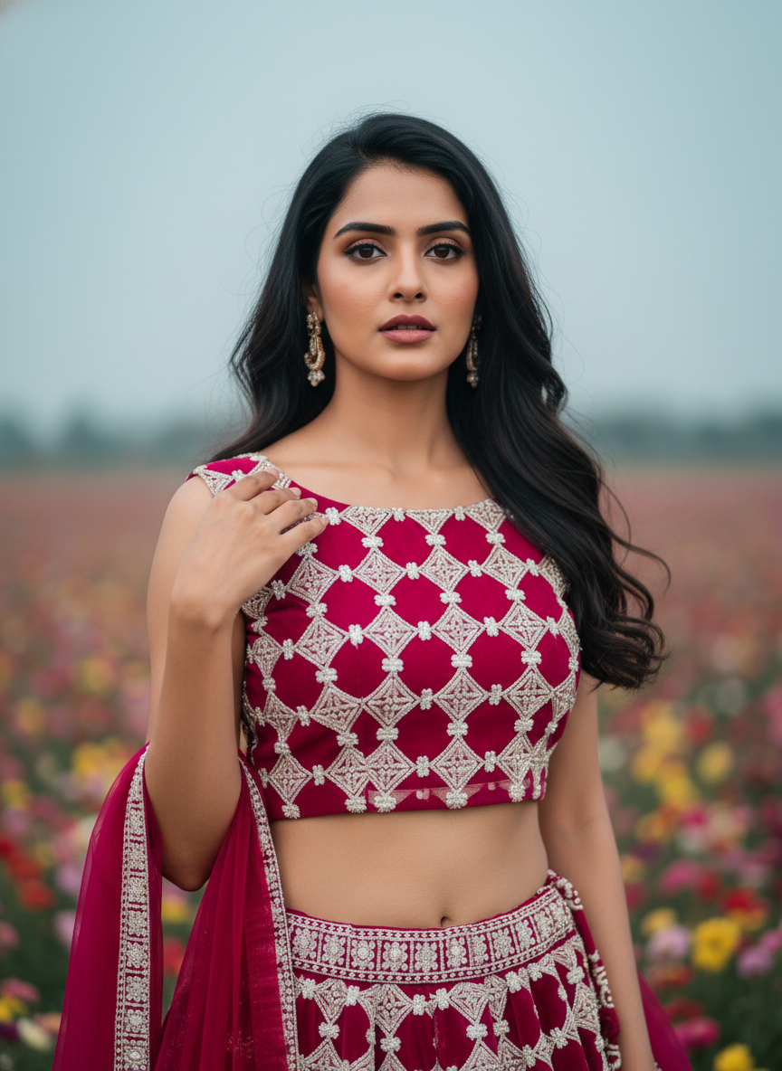 Woman in a red and white traditional outfit standing in a field with flowers.