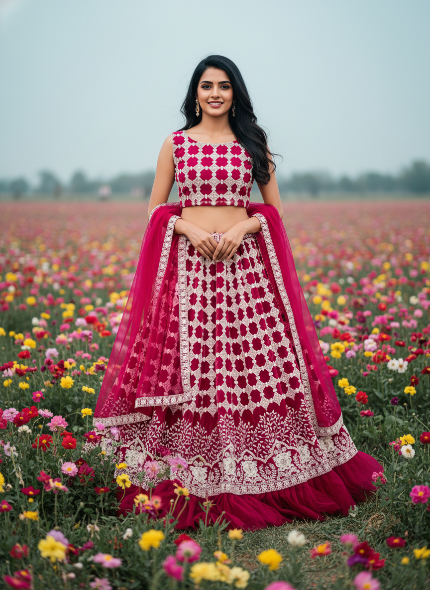 Woman in a pink and white traditional outfit standing in a field of flowers