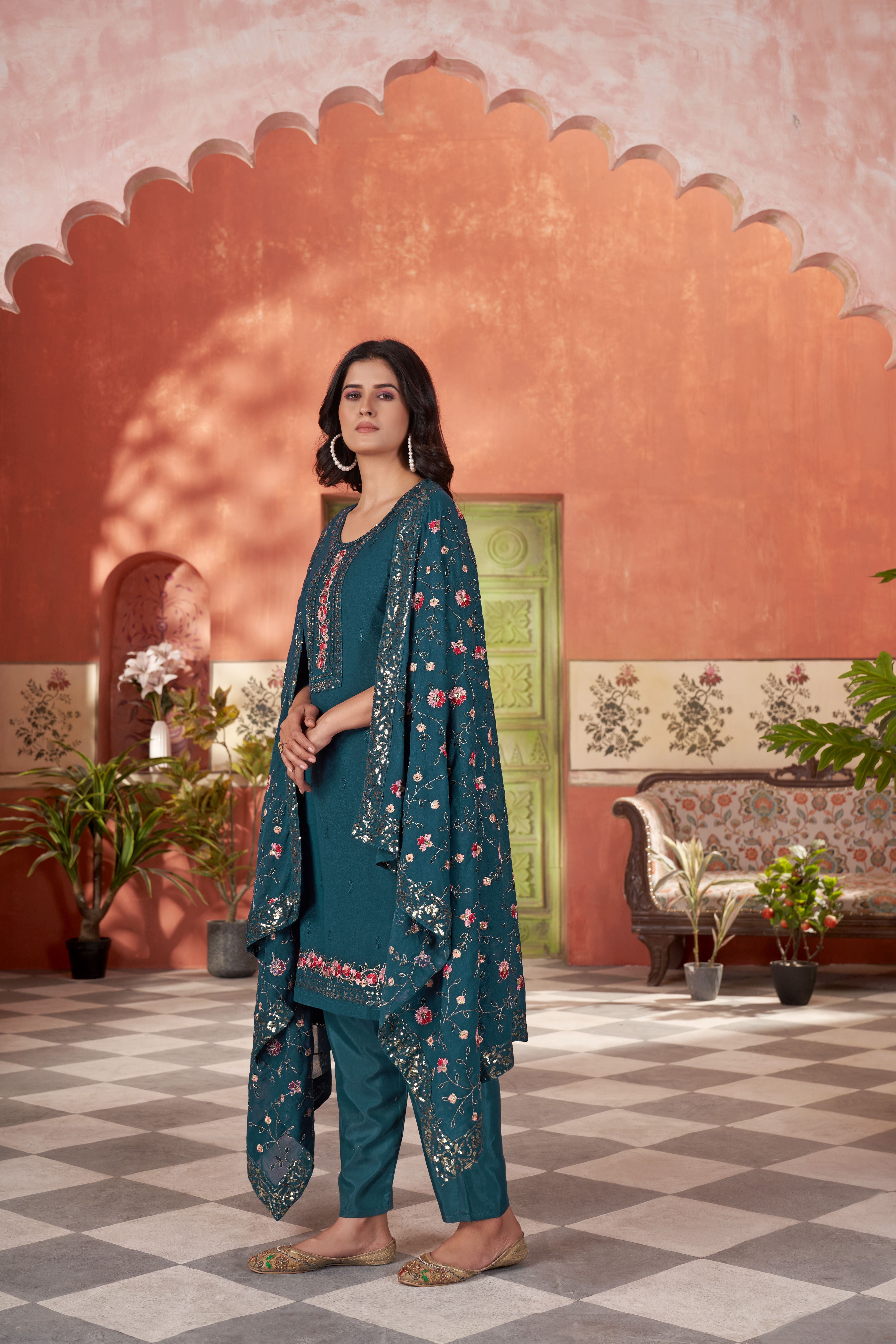Women’s Teal Georgette Kurta Set – Elegant Ethnic Wear for Weddings & Festive Occasions