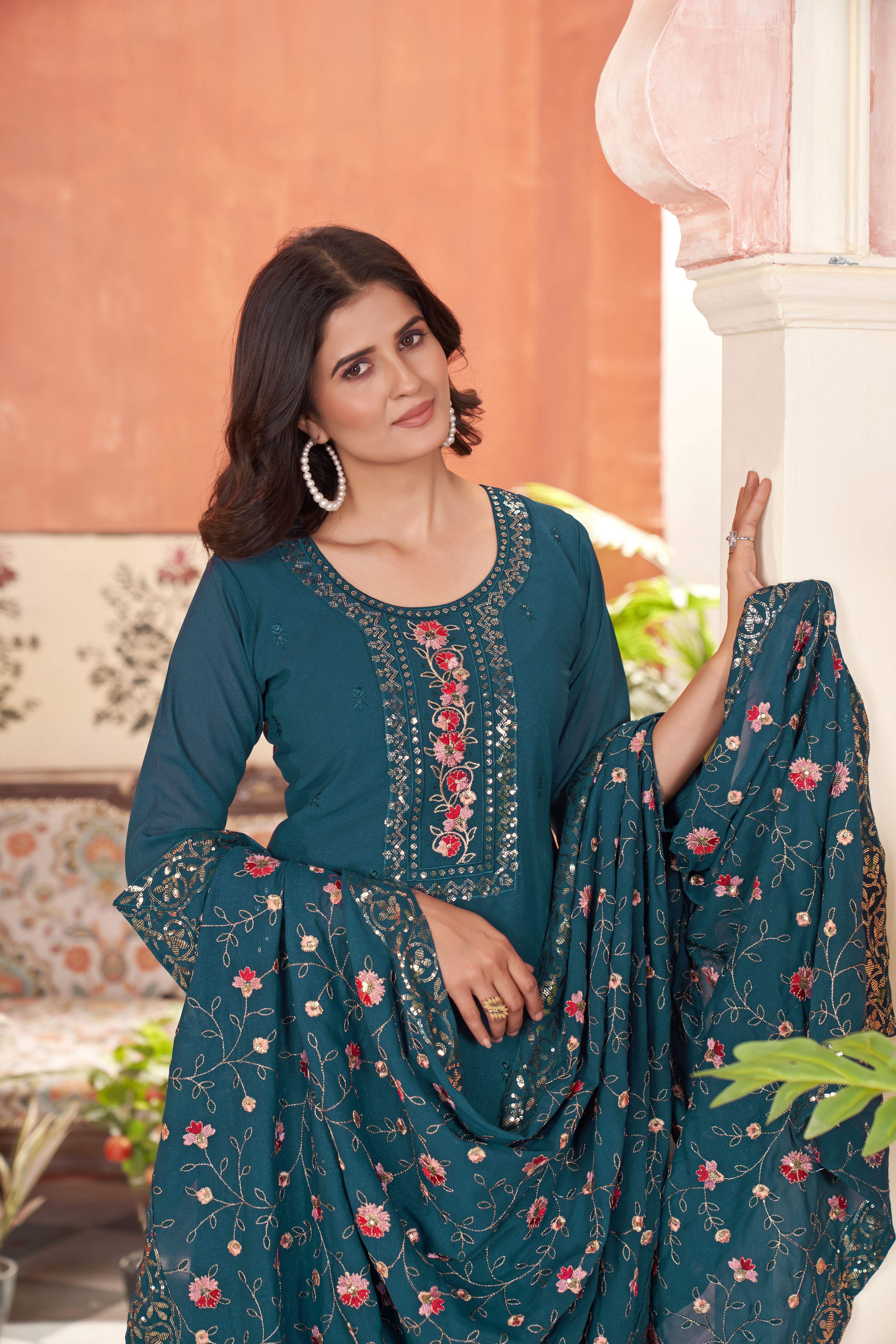 Women’s Teal Georgette Kurta Set – Elegant Ethnic Wear for Weddings & Festive Occasions