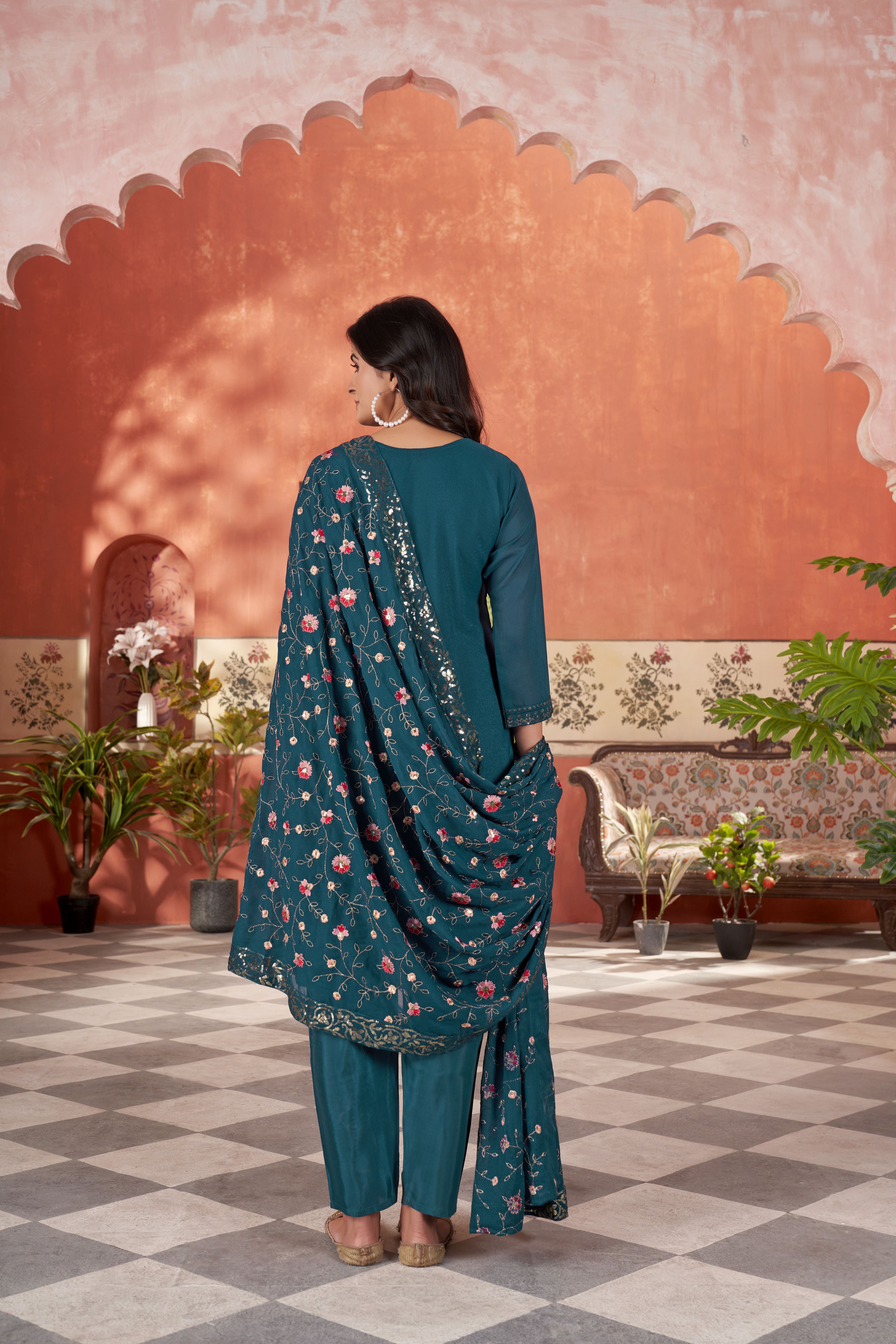 Women’s Teal Georgette Kurta Set – Elegant Ethnic Wear for Weddings & Festive Occasions