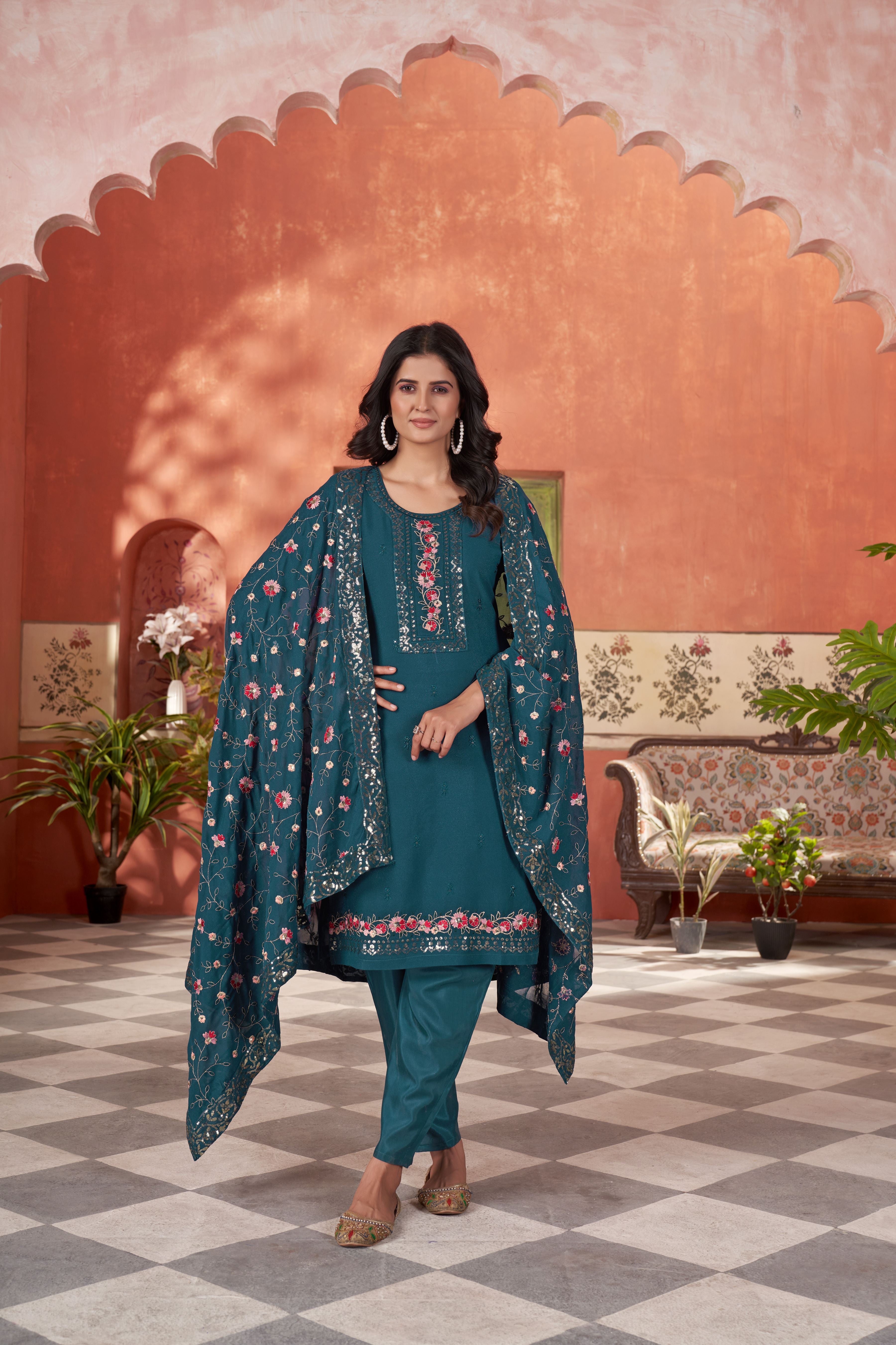 Women’s Teal Georgette Kurta Set – Elegant Ethnic Wear for Weddings & Festive Occasions