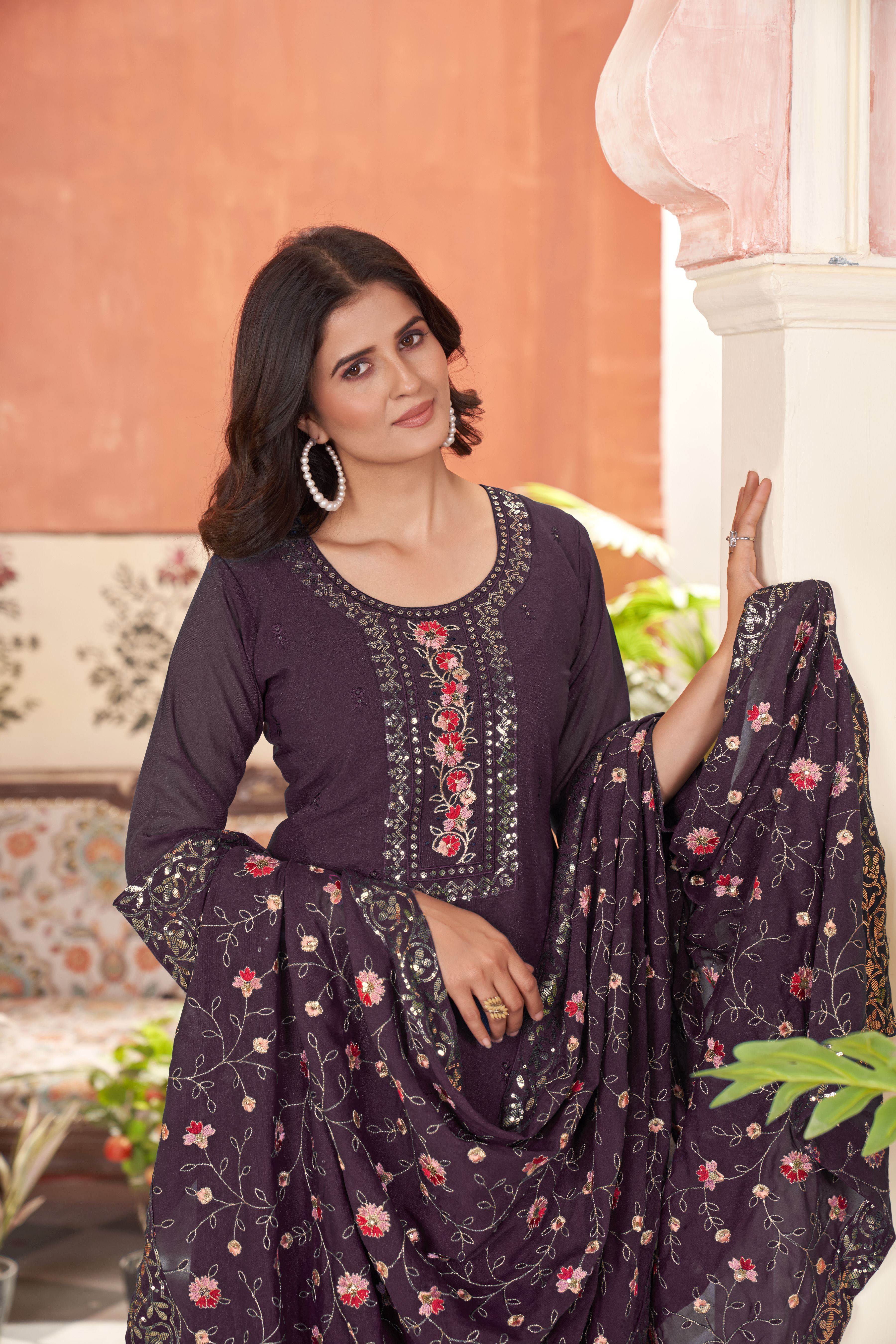 Women’s Wine Georgette Kurta Set – Elegant Ethnic Wear for Weddings & Festive Occasions