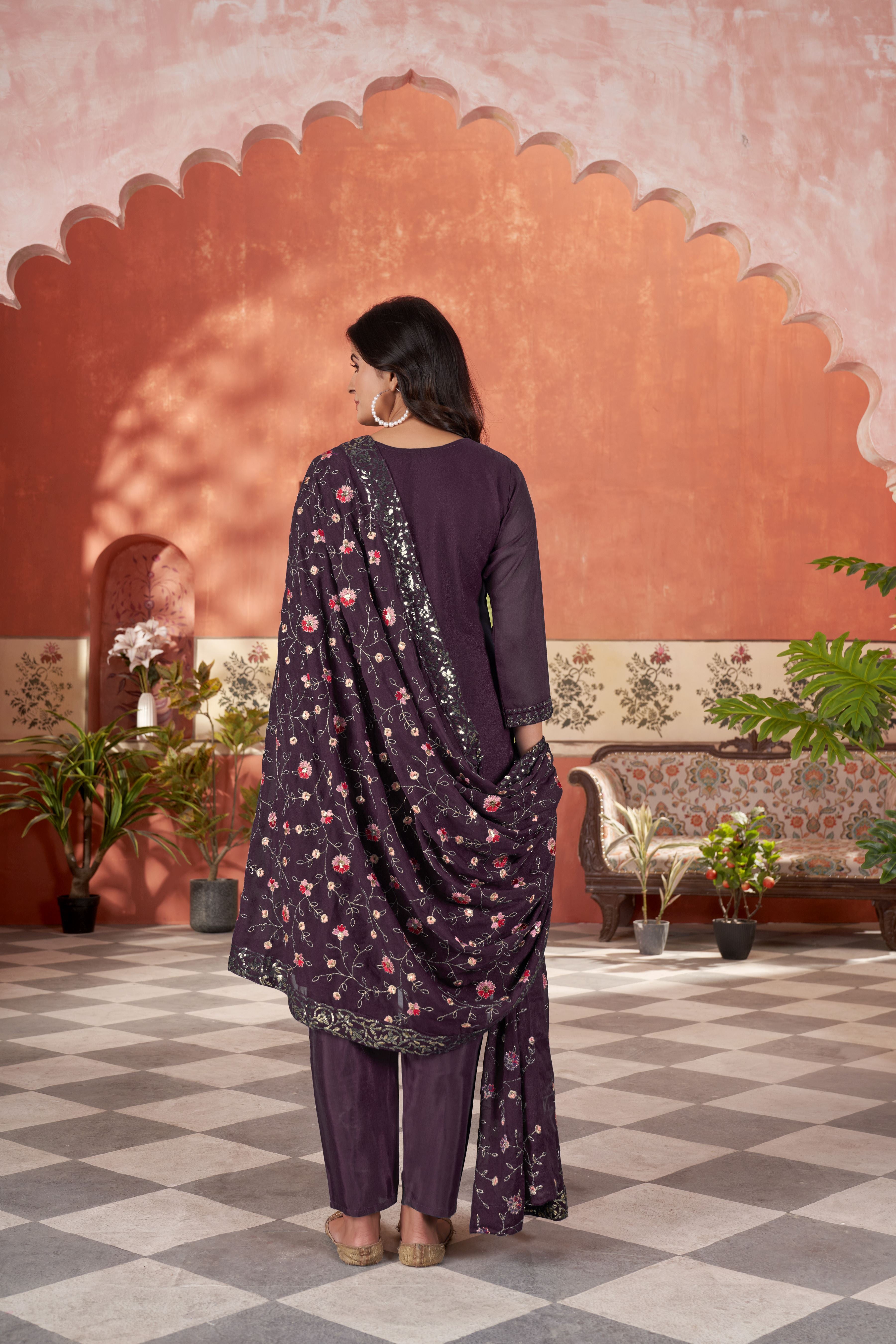Women’s Wine Georgette Kurta Set – Elegant Ethnic Wear for Weddings & Festive Occasions