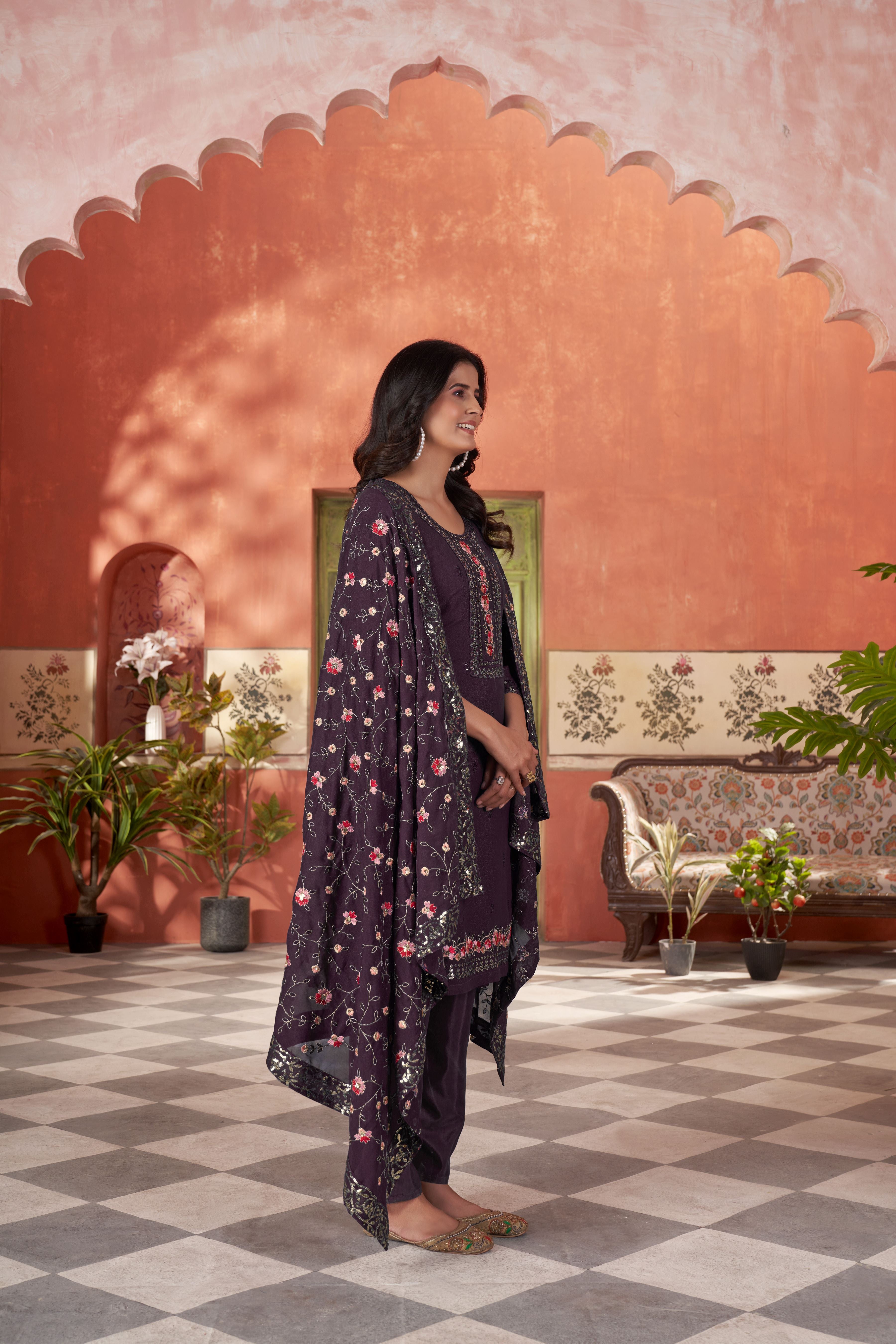 Women’s Wine Georgette Kurta Set – Elegant Ethnic Wear for Weddings & Festive Occasions