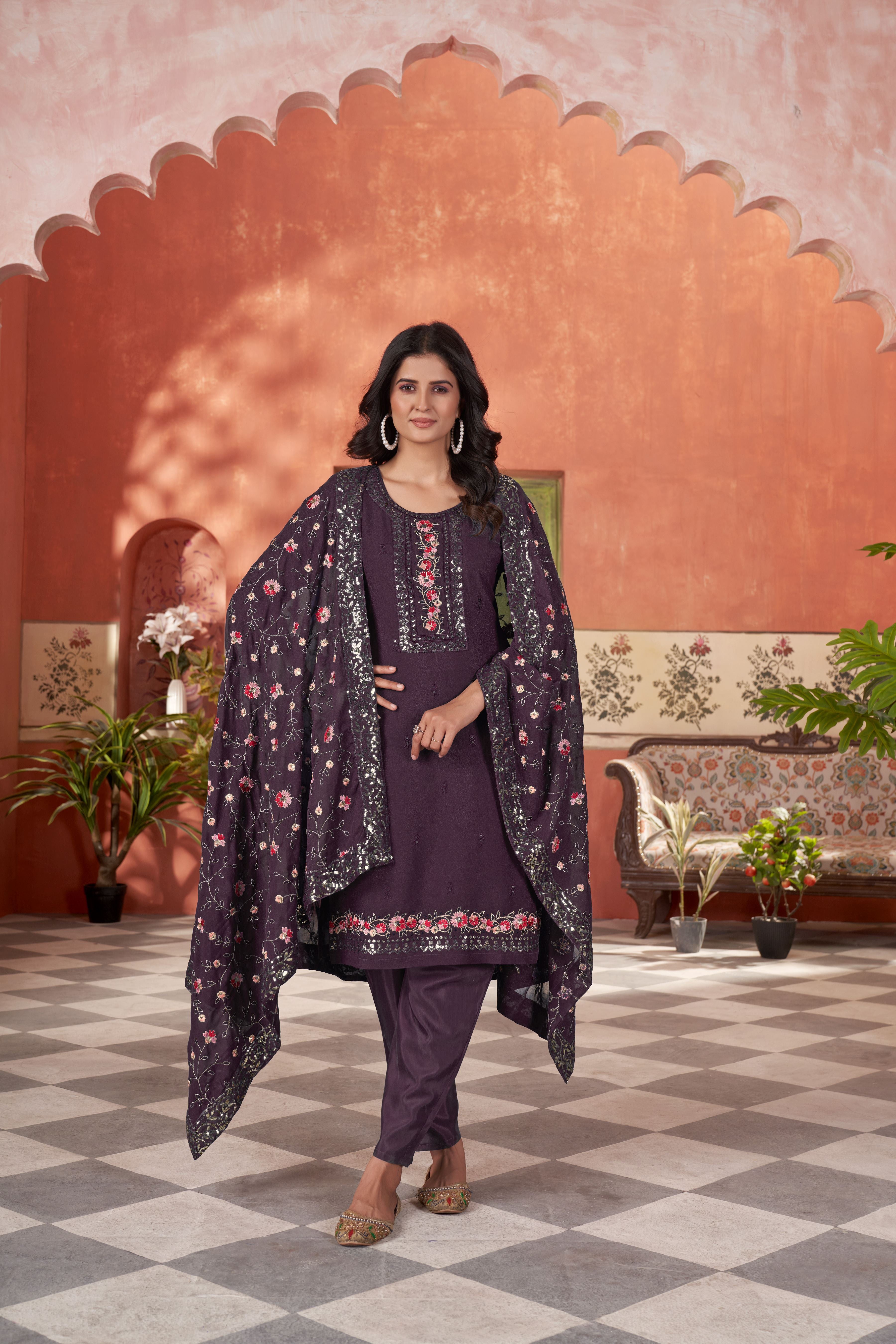 Women’s Wine Georgette Kurta Set – Elegant Ethnic Wear for Weddings & Festive Occasions