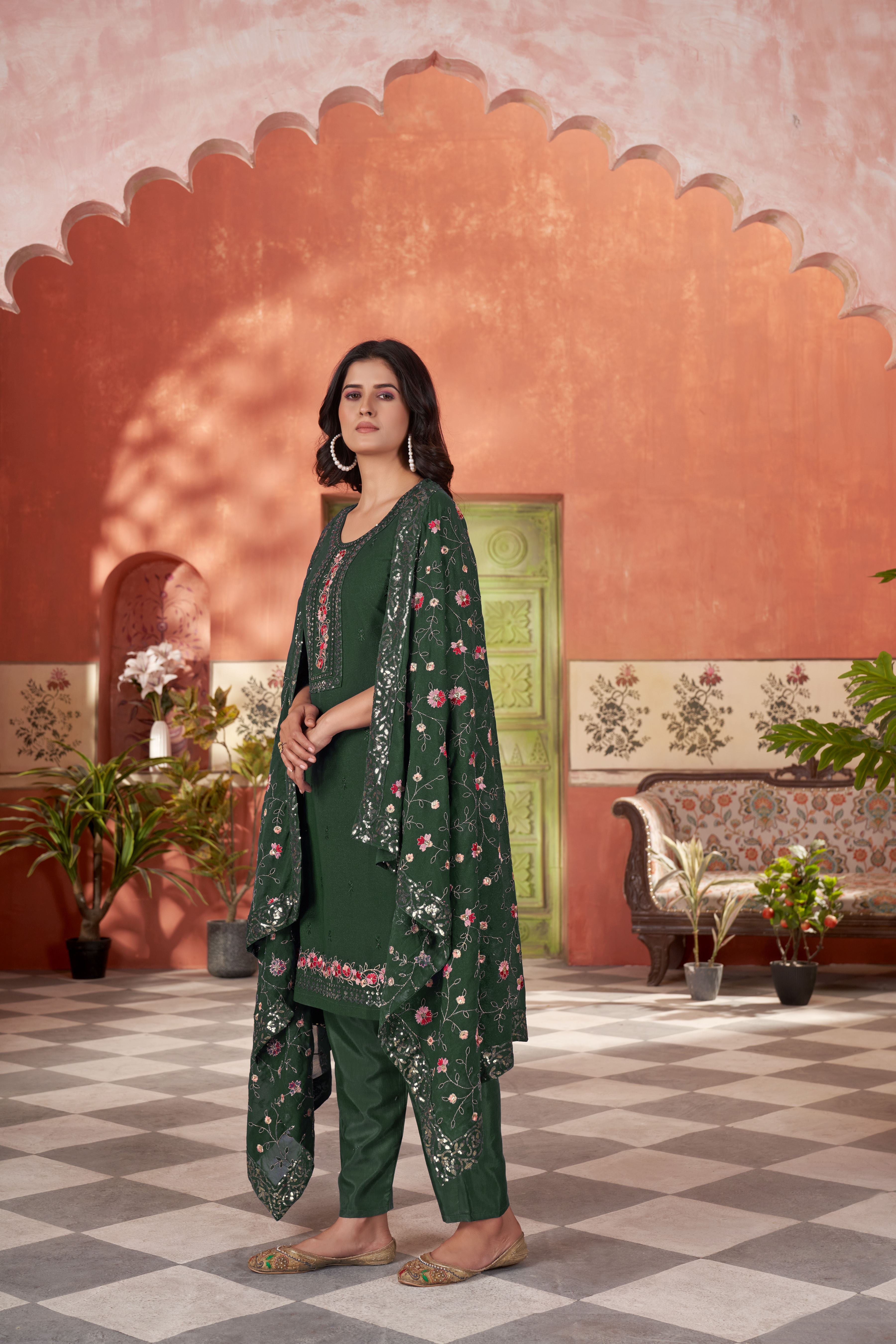 Women’s Green Georgette Kurta Set – Elegant Ethnic Wear for Weddings & Festive Occasions