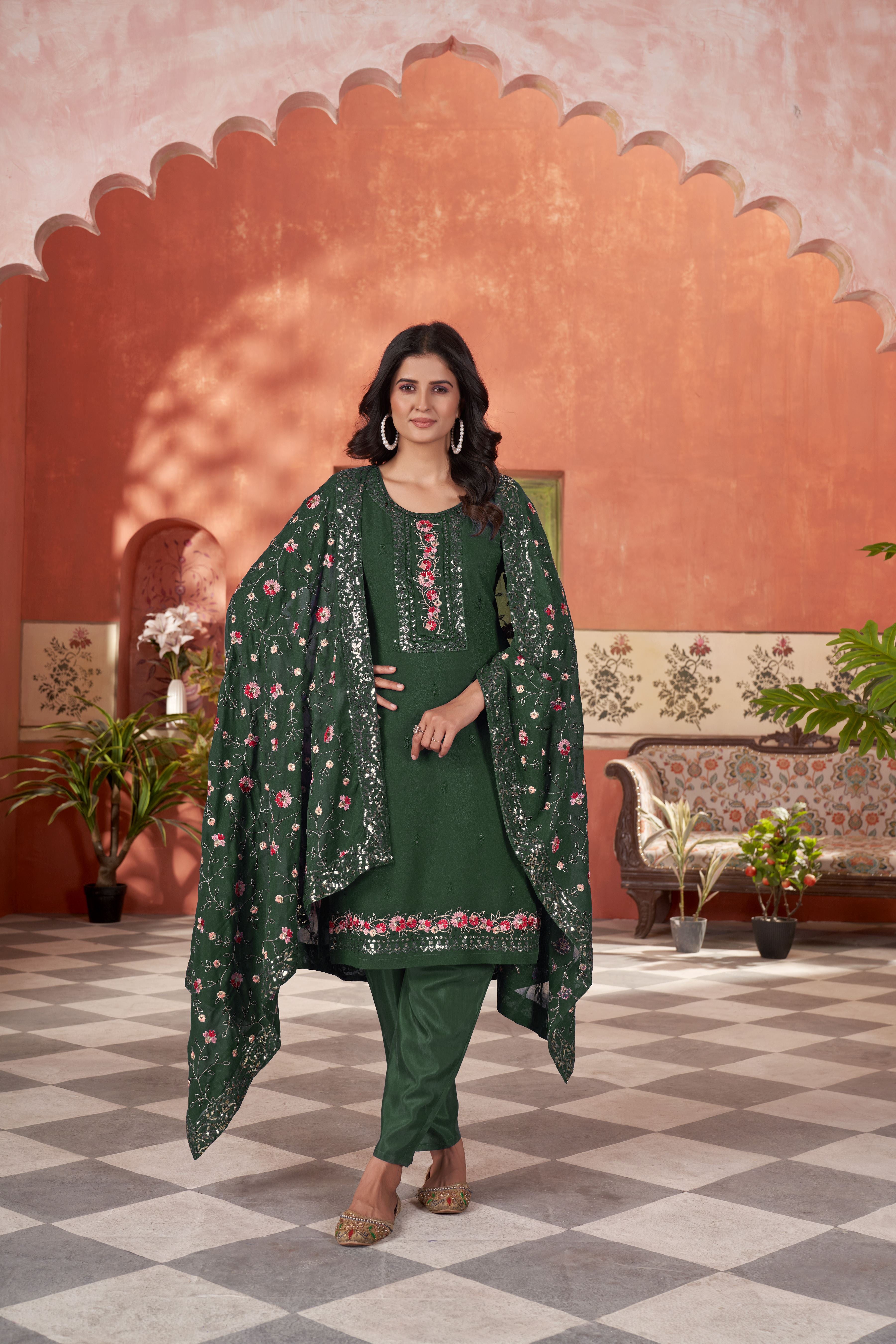 Women’s Green Georgette Kurta Set – Elegant Ethnic Wear for Weddings & Festive Occasions