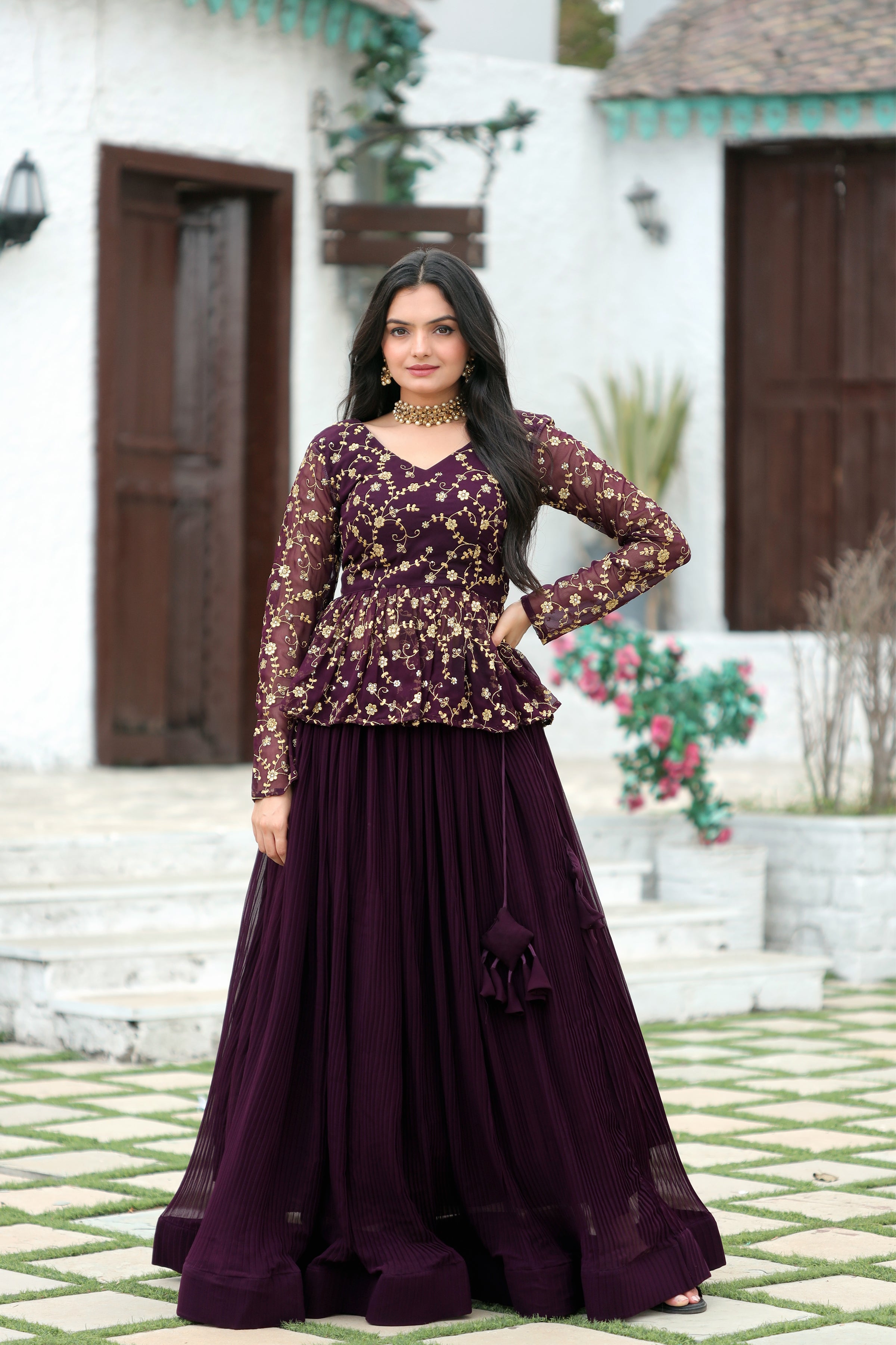 Elegant Faux Blooming Pleated Lehenga with Embroidered Peplum Blouse – Full Stitched Set (Adjustable Size 38"–44") | 5 Mtr Flair