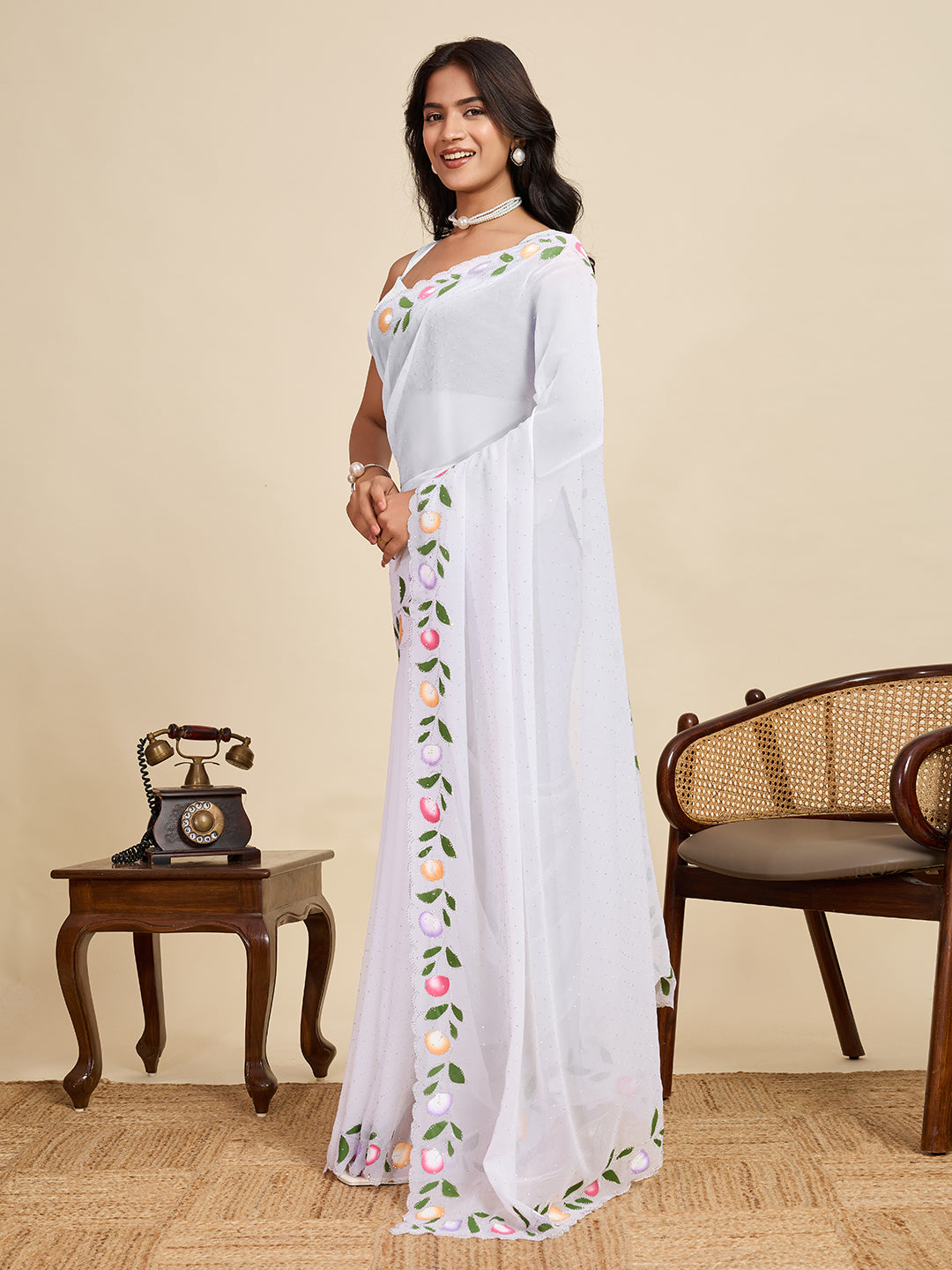 White Georgette Soft Saree with Floral Brush Print & Intricate Border – Elegant Pastel Saree for Festive & Daily Wear