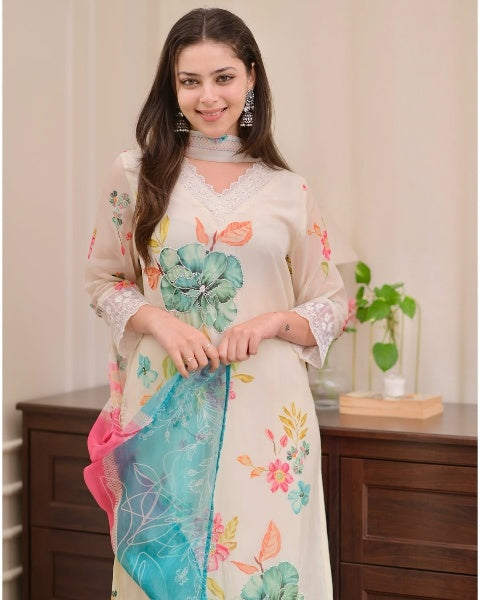 Women’s Beige Ethnic Nylon Tabby Set Adorned with Sequin Embroidery