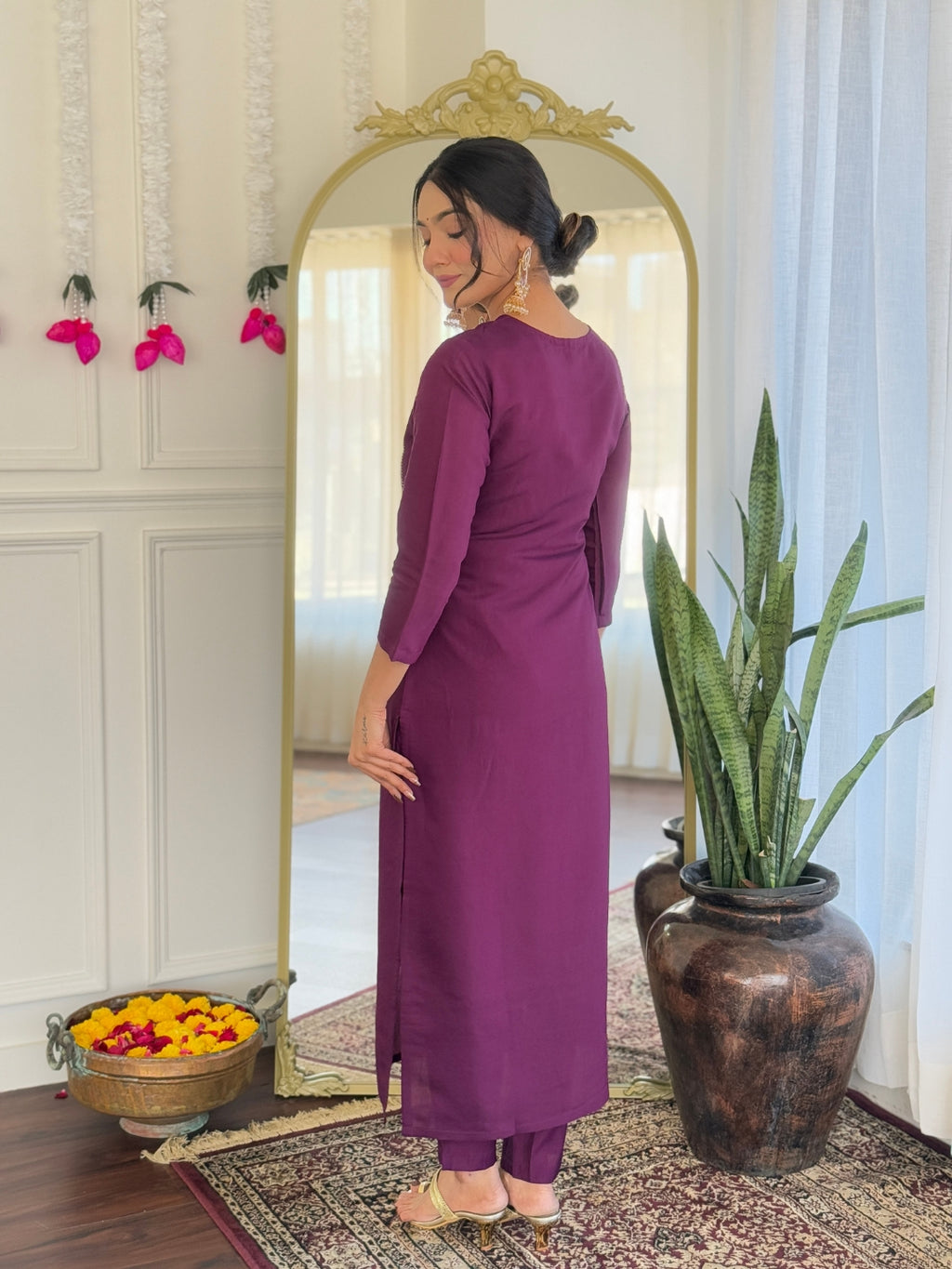Women’s Purple Pure Viscose Chanderi Kurta Set with Sequin & Coding Embroidery