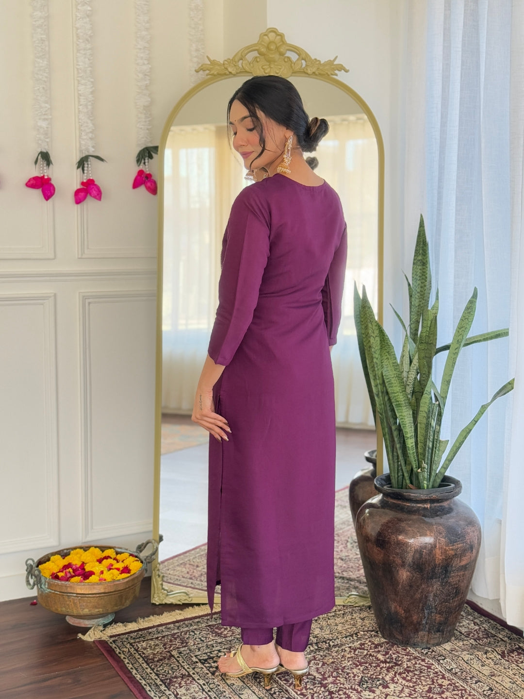 Women’s Purple Pure Viscose Chanderi Kurta Set with Sequin & Coding Embroidery