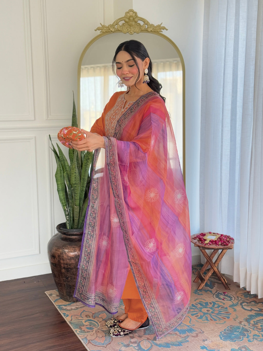 Bright Orange Embroidered Rayon Kurti Set with Taby Dupatta – Sizes S to 2XL