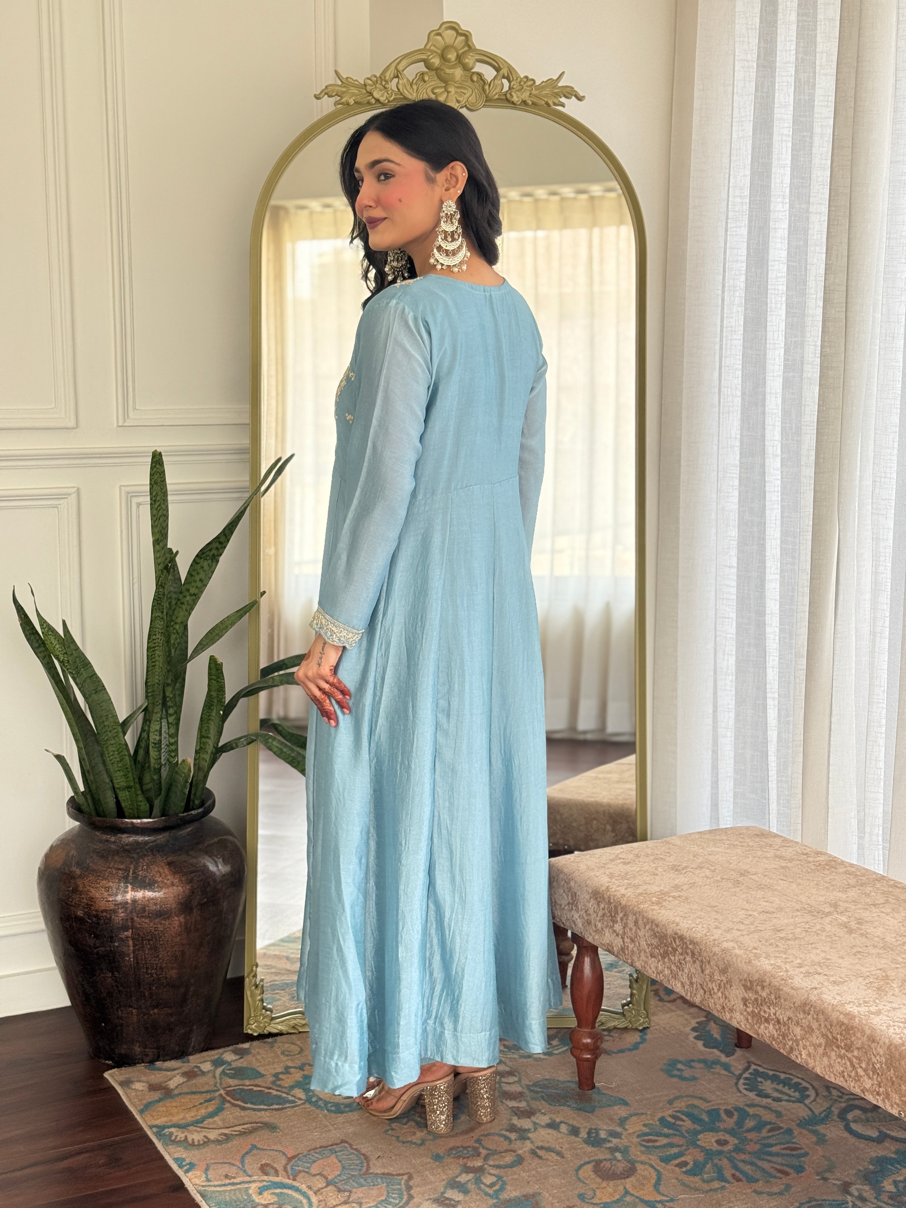 Women’s Sky Blue Vichitra Silk Kurta Set with Sequin & Coding Embroidery Work