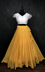 Soft Organza Yellow Laheriya Print Lehenga Choli Set with Frill Blouse | 7 Mtr Flair | Full-Stitched | Size 38–44