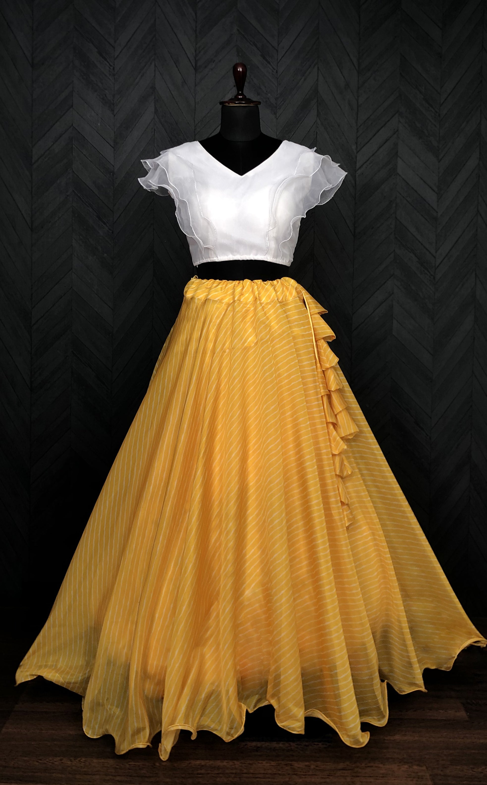 Soft Organza Yellow Laheriya Print Lehenga Choli Set with Frill Blouse | 7 Mtr Flair | Full-Stitched | Size 38–44