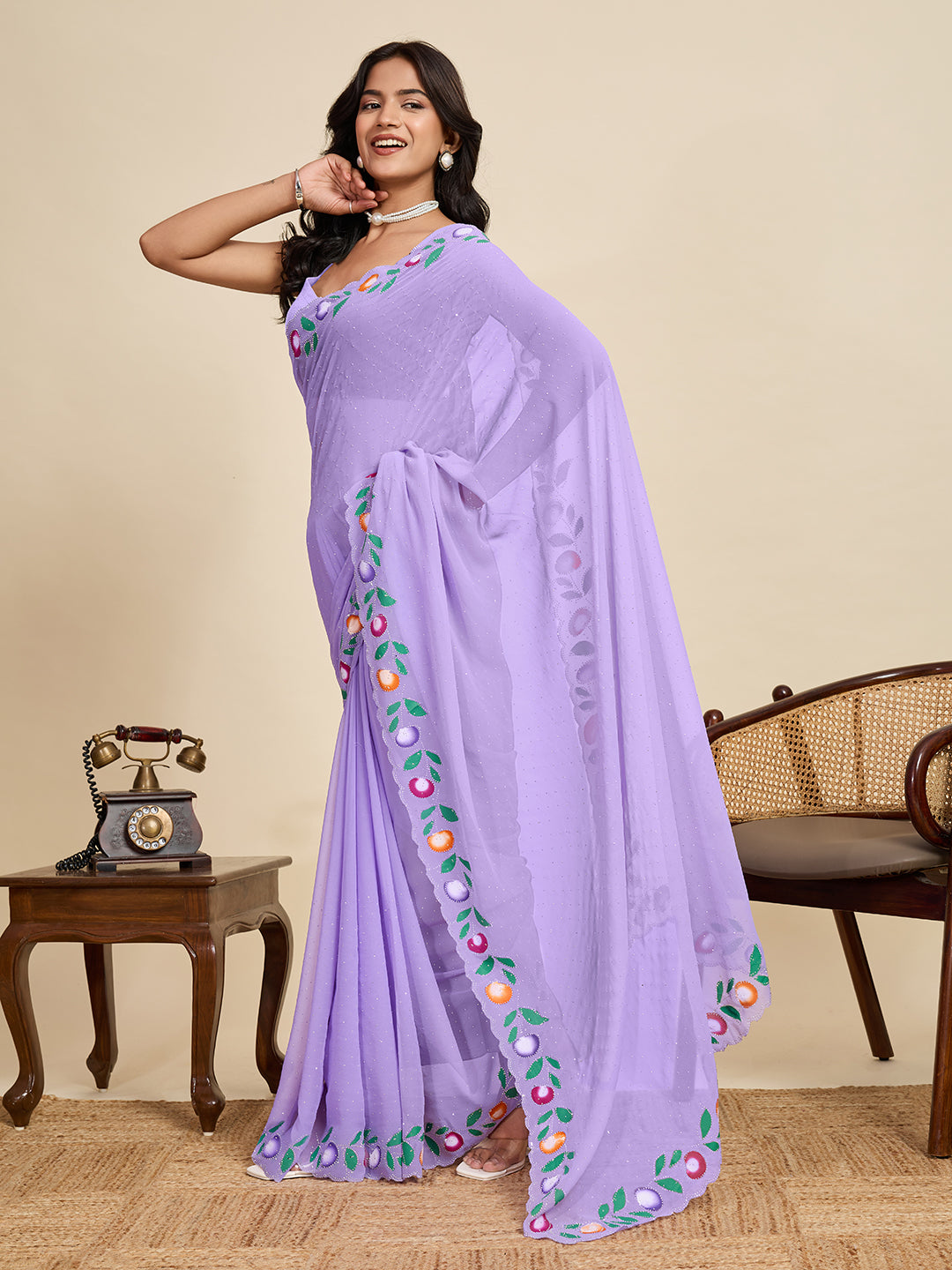 Lavender Georgette Soft Silk Saree with Floral Brush Print & Intricate Border – Elegant Pastel Saree for Festive & Daily Wear (Copy)
