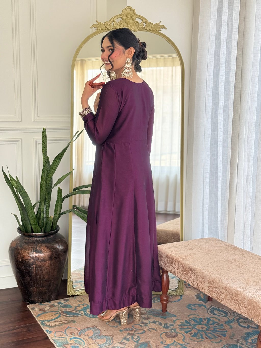 Women’s Purple Wine Vichitra Silk Kurta Set with Sequin & Coding Embroidery Work