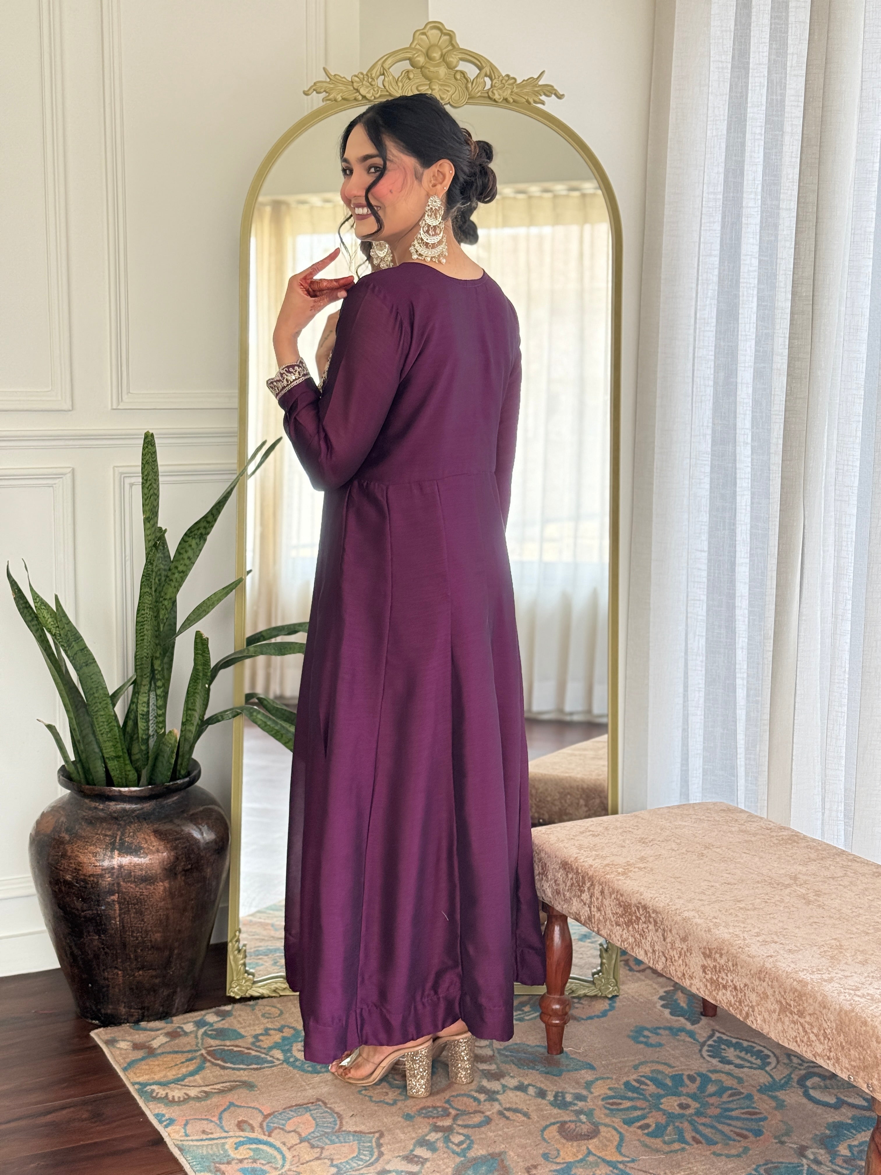 Women’s Purple Wine Vichitra Silk Kurta Set with Sequin & Coding Embroidery Work