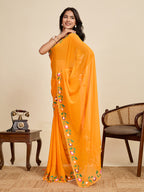 Mustard Georgette Soft Saree with Floral Brush Print & Intricate Border – Elegant Pastel Saree for Festive & Daily Wear