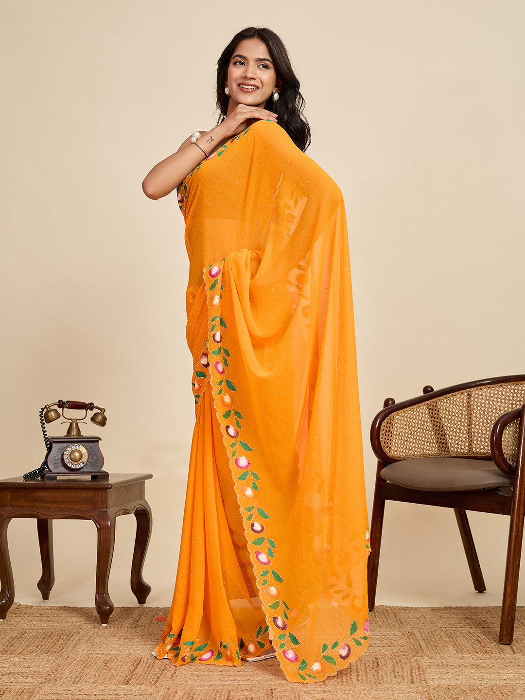 Mustard Georgette Soft Saree with Floral Brush Print & Intricate Border – Elegant Pastel Saree for Festive & Daily Wear