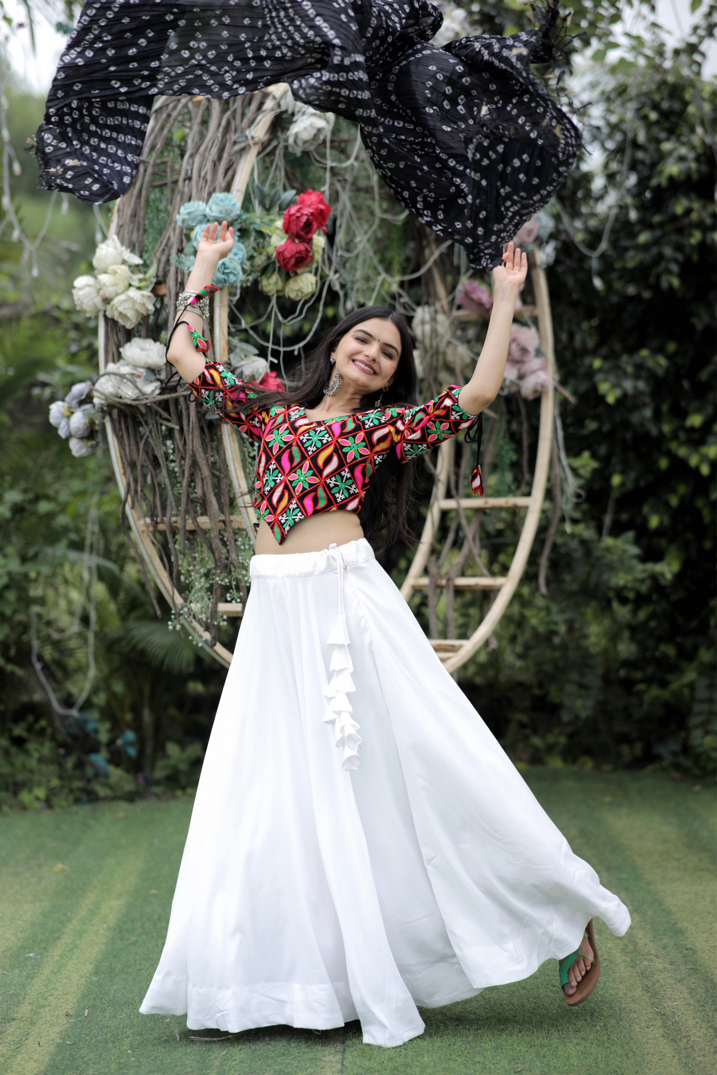 Premium Frolic Cotton White&Black Lehenga Choli Set with Embroidered Georgette Blouse & Bandhej Chinnon Dupatta | Full-Stitched | Size 38-44