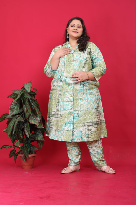 Women's Plus Size Rayon Green Printed Co-Ord Set With Pant