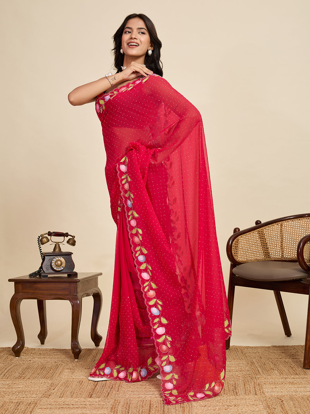 Red Georgette Soft Saree with Floral Brush Print & Intricate Border – Elegant Pastel Saree for Festive & Daily Wear