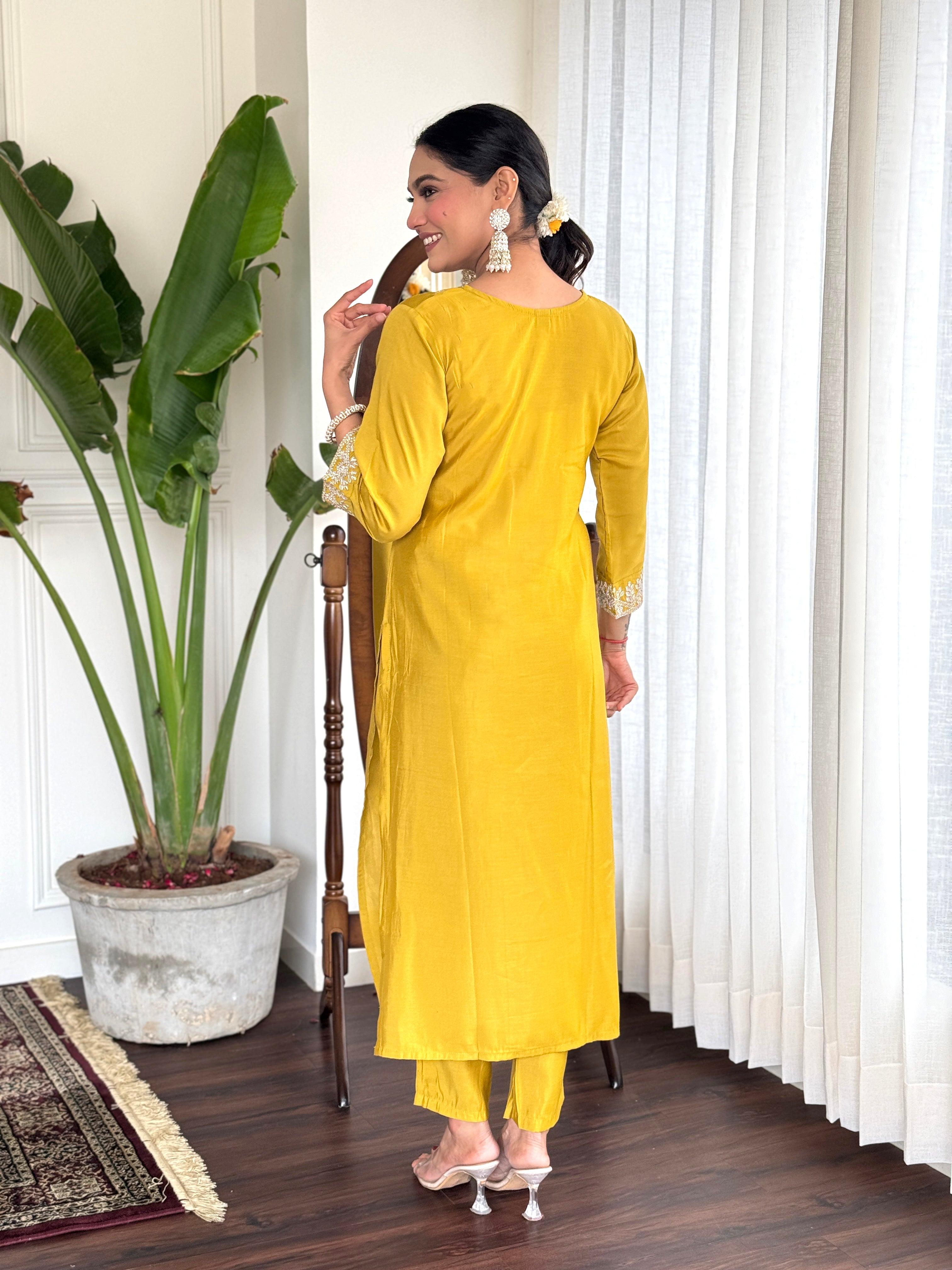 Women’s Yellow Pure Viscose Chanderi Silk Kurta Set with Sequin & Coding Embroidery