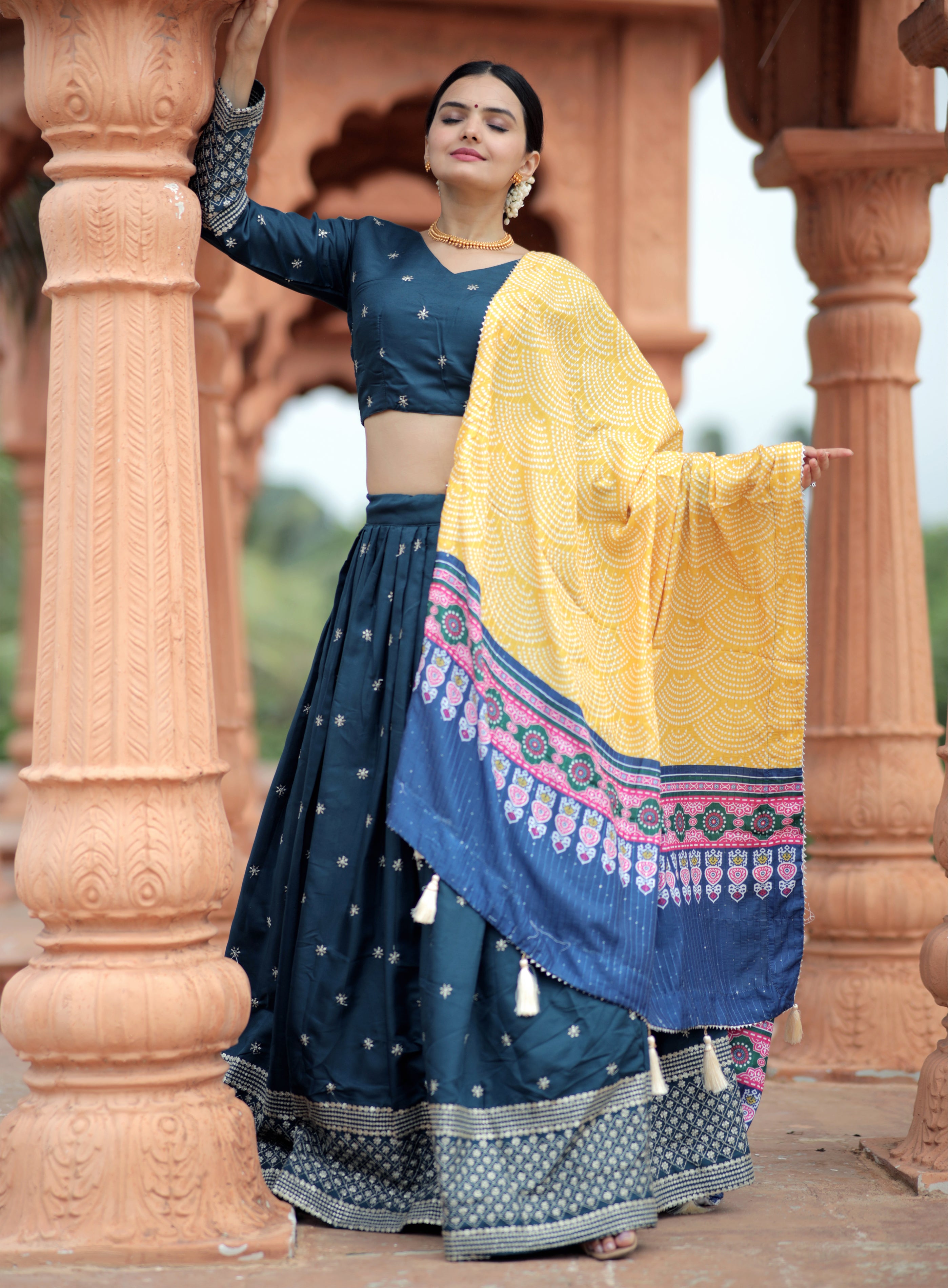 Mayra Silk Embroidered Blue Lehenga Choli Set with Digital Printed Maslin Dupatta | Full-Stitched Lehenga