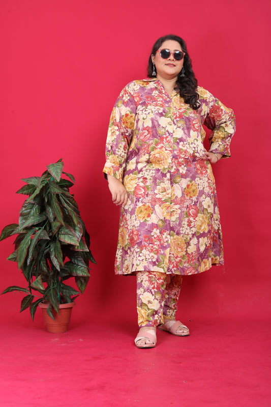 Women's Plus Size Rayon Mauve Printed Co-Ord Set With Pant