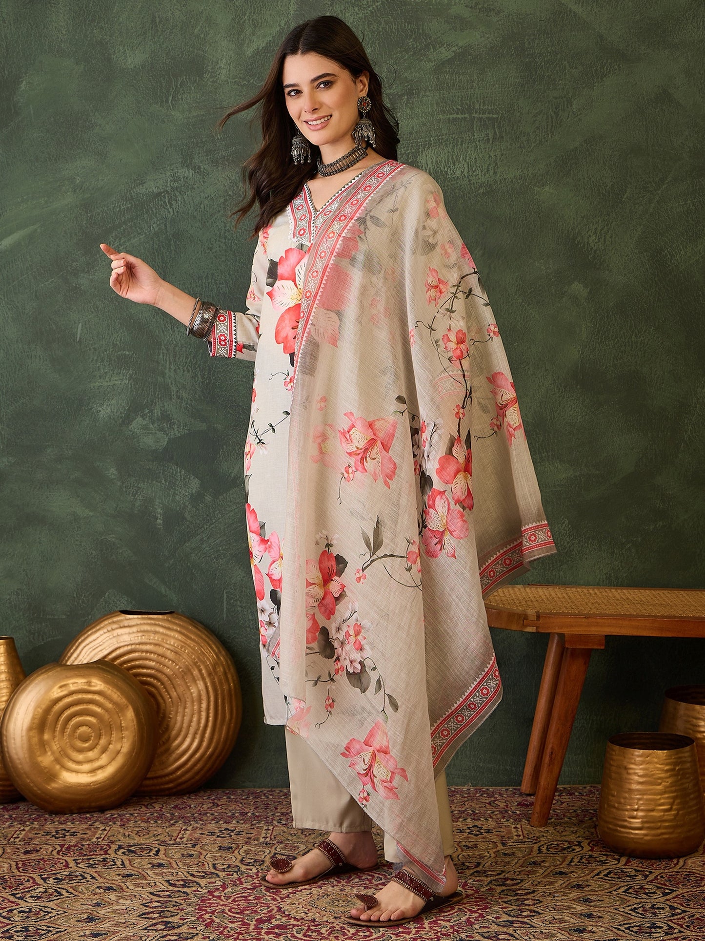 Cream Floral Printed Kurta Set with Dupatta