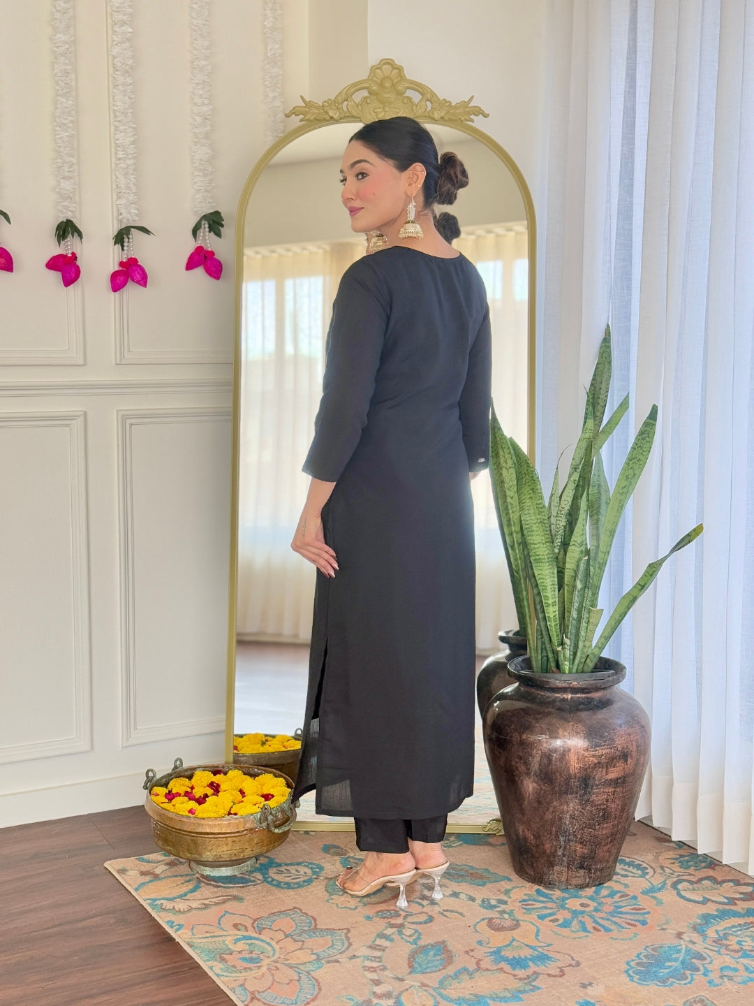 Women’s Black Pure Viscose Chanderi Kurta Set with Sequin & Coding Embroidery