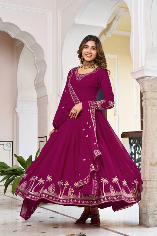 Pink Georgette Anarkali Embroidered Gown Set With Dupatta & Pant
