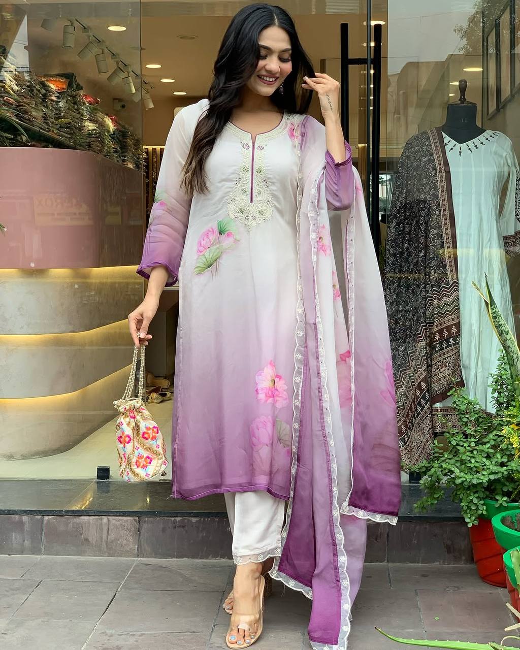 Women’s Lavender Pure Organza Tabby Suit with Sequin & Coding Embroidery Work