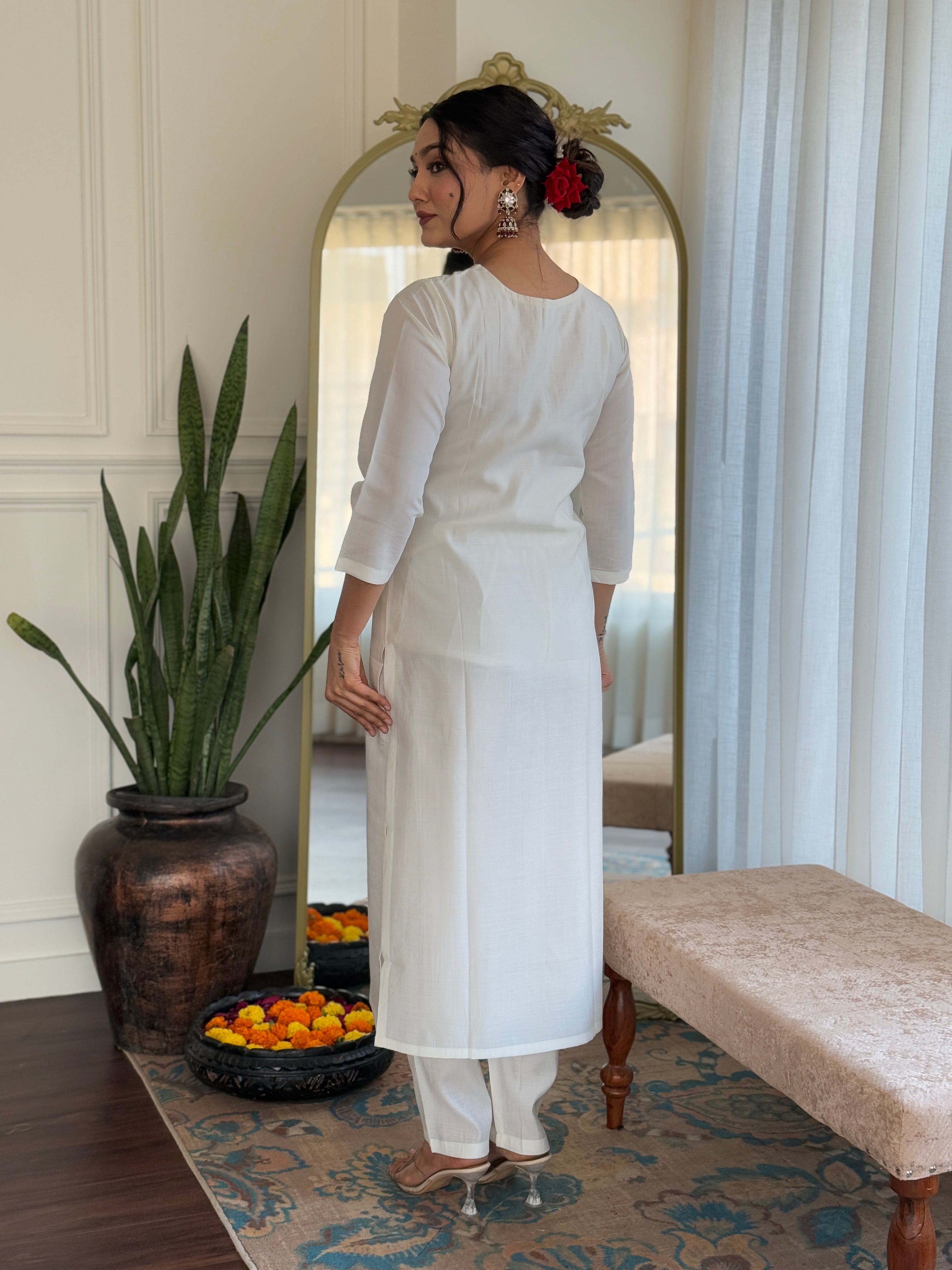 Women’s White Viscose Chanderi Kurta Set with Sequin & Coding Embroidery Work