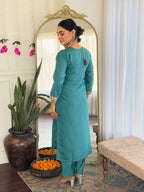 Women’s Teal Pure Viscose Chanderi Kurta Set with Sequin Embroidery Work