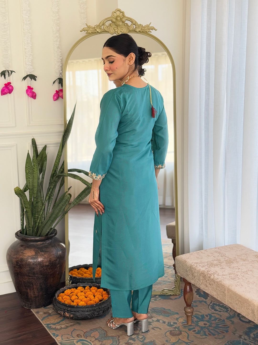 Women’s Teal Pure Viscose Chanderi Kurta Set with Sequin Embroidery Work