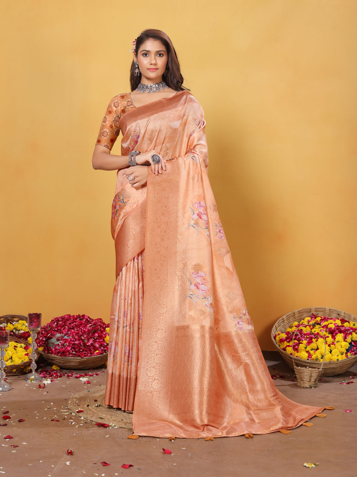 Silk Saree for Women – Elegant Peach Traditional Ethnic Wear