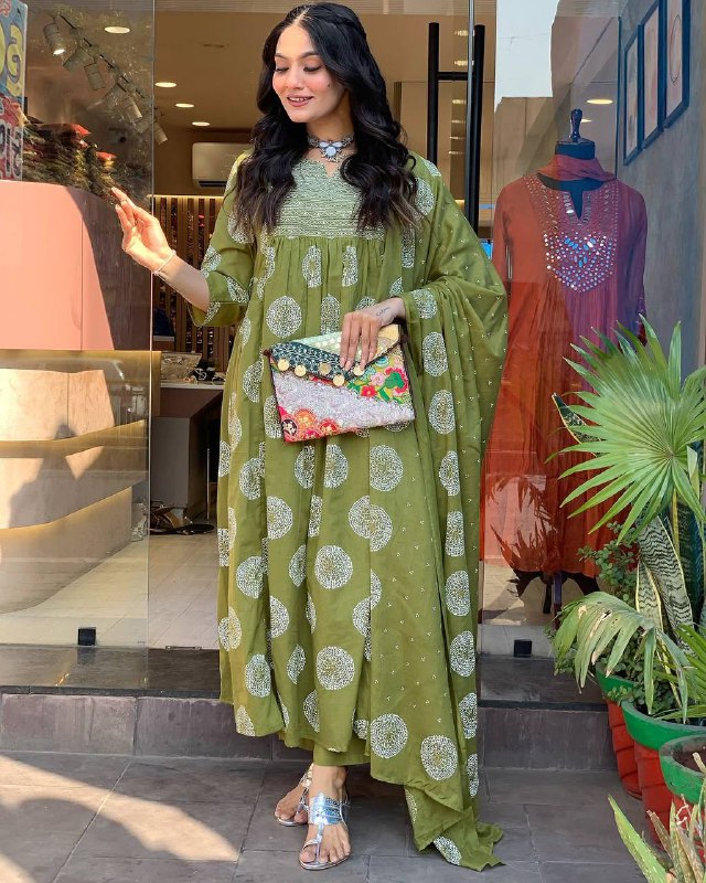 Women’s Green Ethnic Rayon Kurta Set with Embroidery & Printed Cotton Dupatta