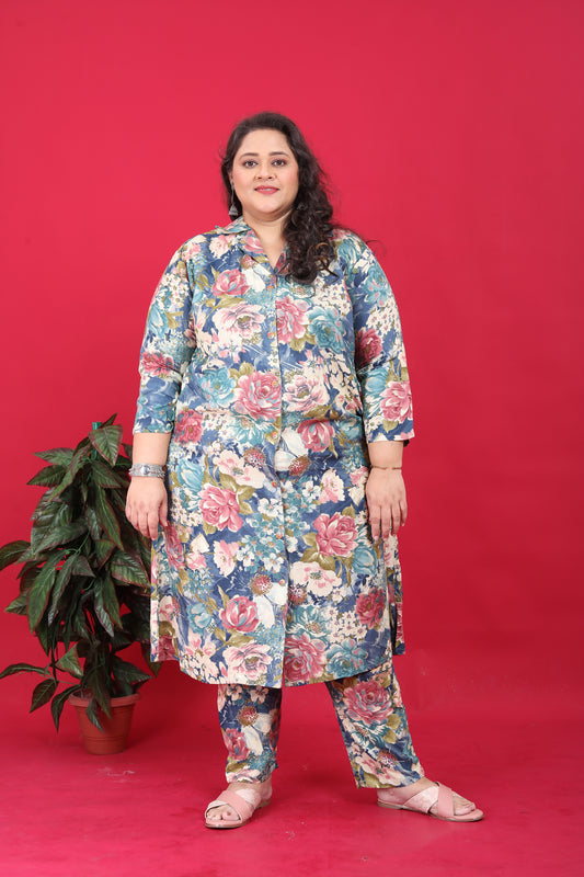 Women's Plus Size Rayon Blue Floral Printed Co-Ord Set With Pant