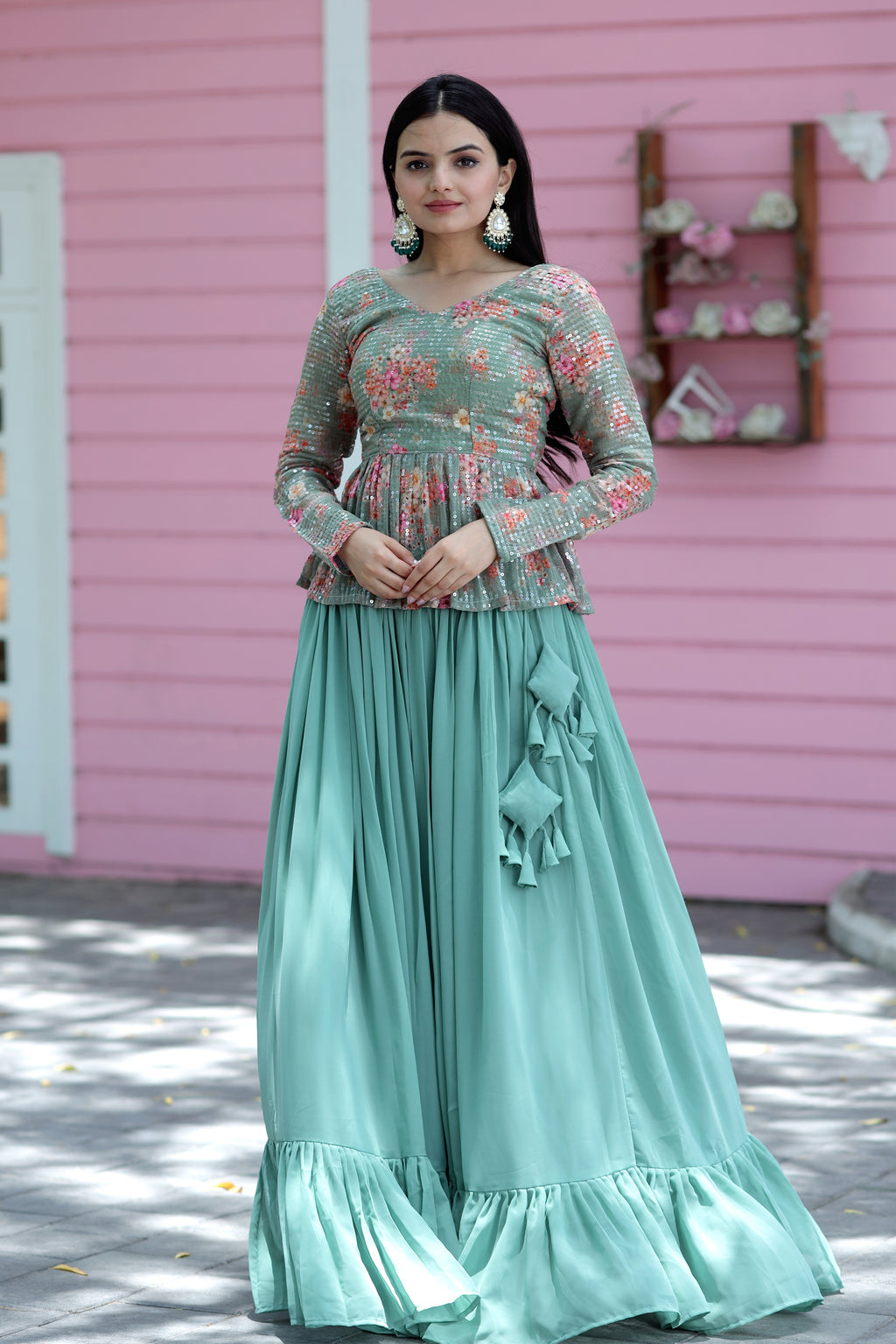 Stylish Faux Georgette Teal Lehenga with Floral Embroidered Peplum Blouse – Full Stitched Set (Adjustable Size 38"–44") | 5.5 Mtr Flair