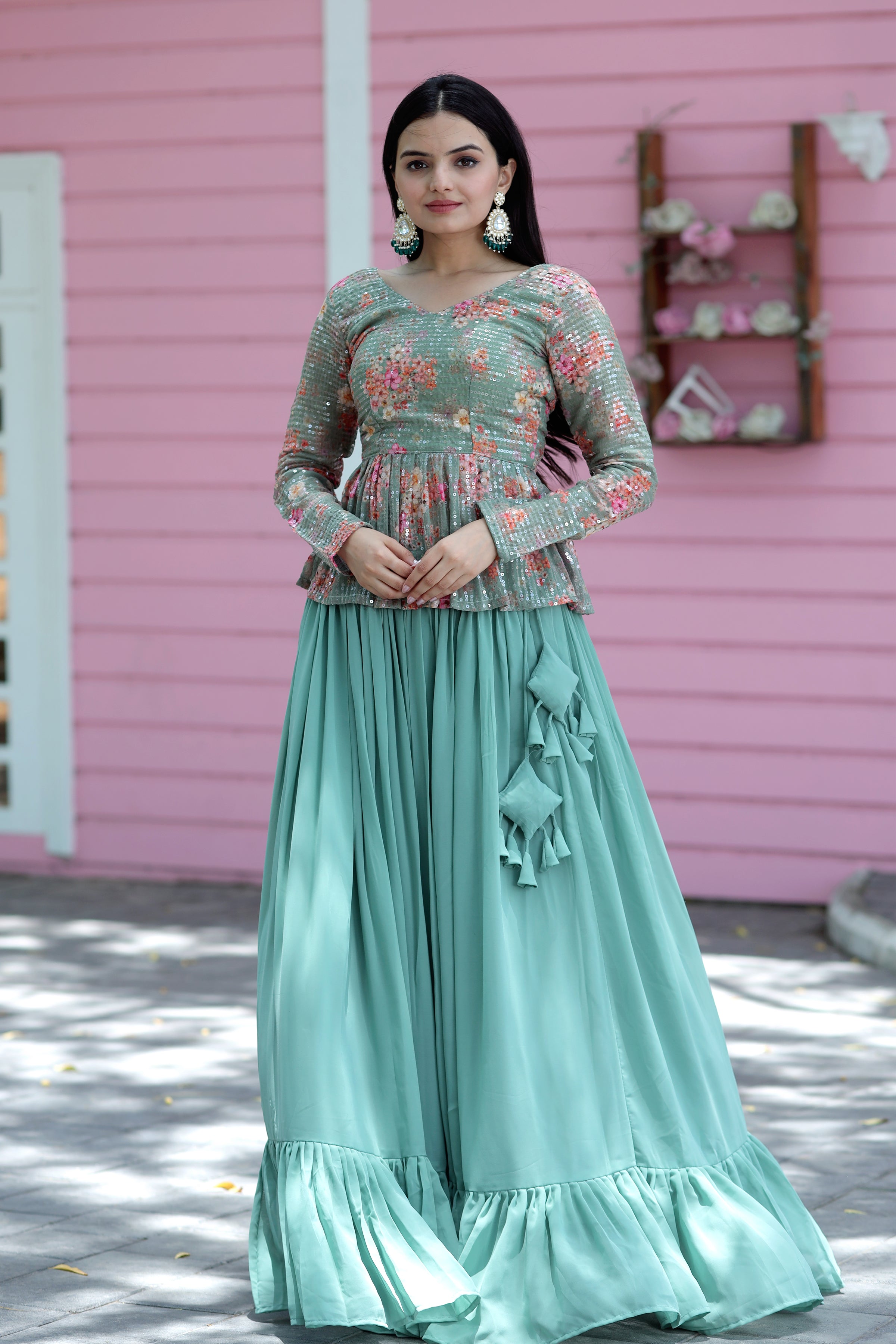 Stylish Faux Georgette Teal Lehenga with Floral Embroidered Peplum Blouse – Full Stitched Set (Adjustable Size 38"–44") | 5.5 Mtr Flair