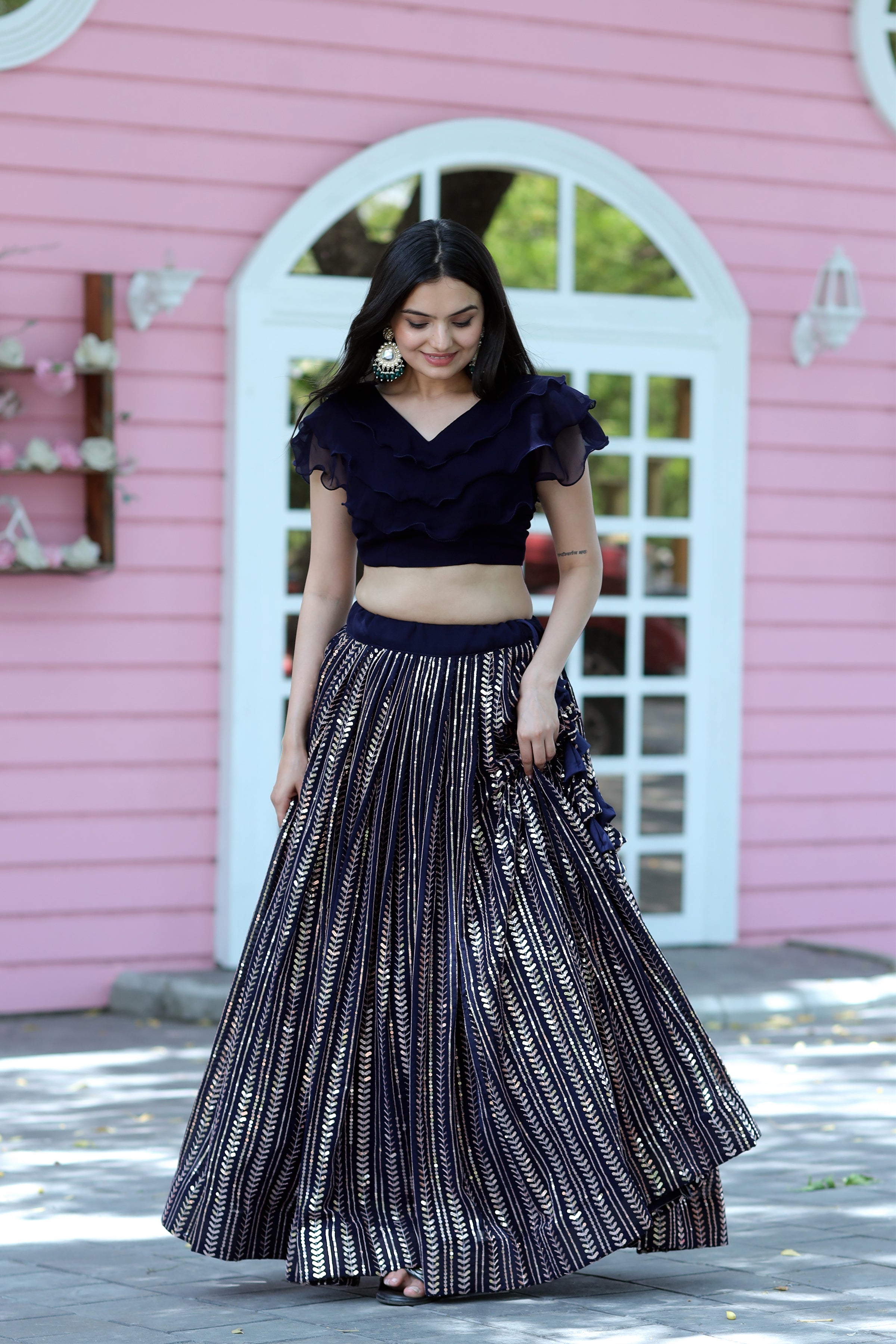 Designer Faux Blooming Black Lehenga Choli with Sequins Work – Full Stitched | Frill Blouse | Size 40-44