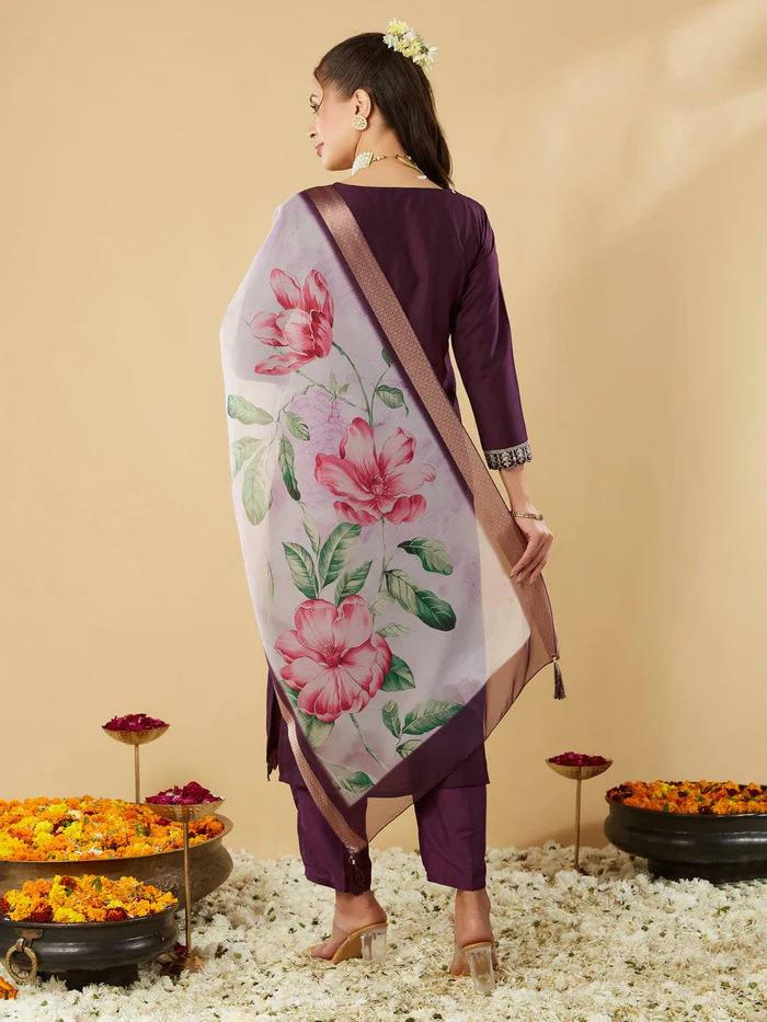 Women’s Wine Ethnic Kurta Set in Pure Viscose Chanderi Silk with Sequin & Coding Work