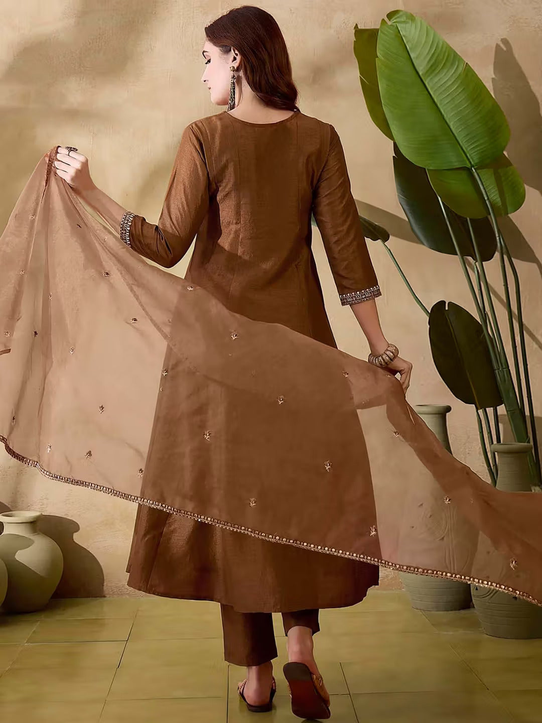Women’s Brown Pure Vichitra Silk Kurta Set with Sequin Embroidery Work